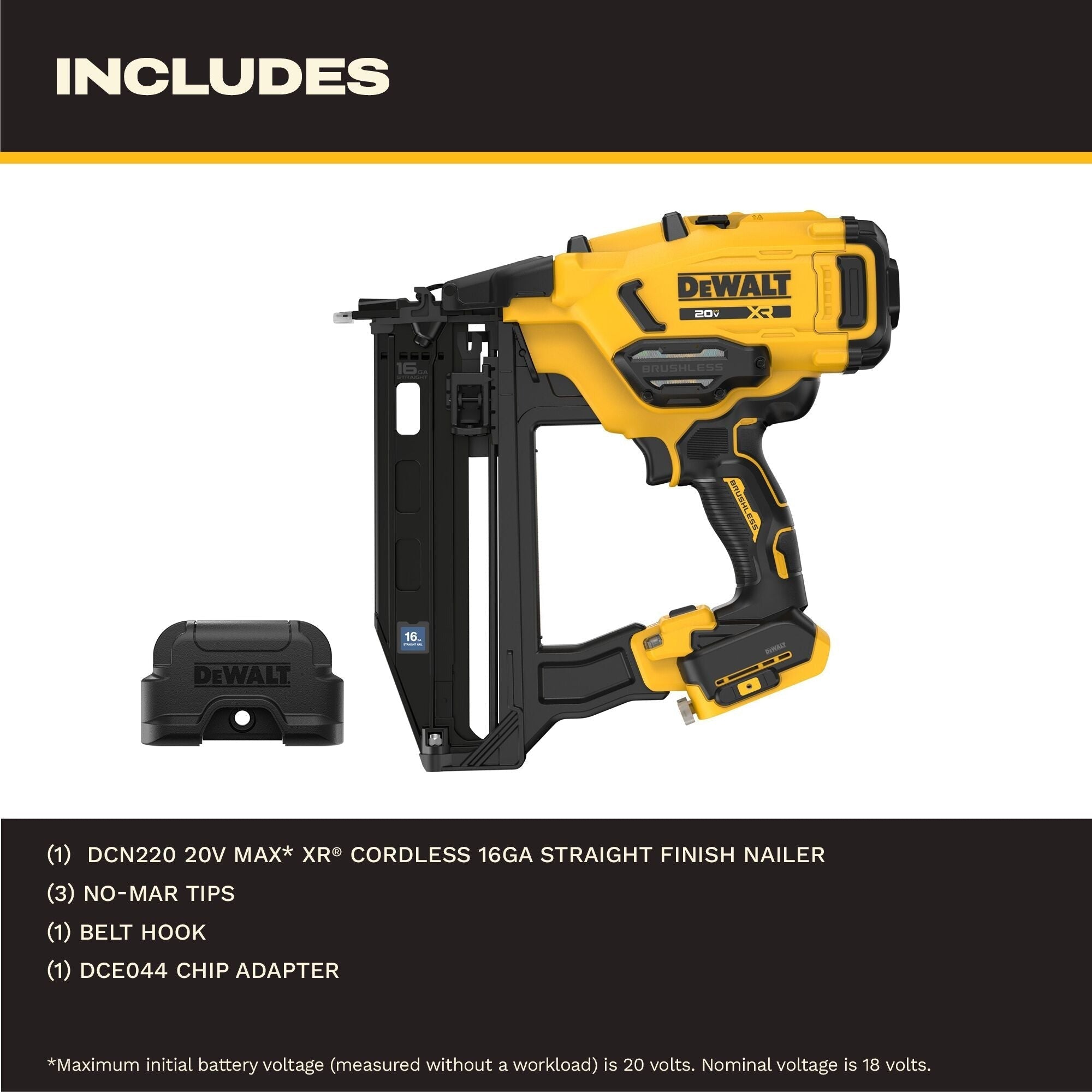 DEWALT 20V MAX* XR Cordless 16GA Straight Finish Nailer, Tool Only (DCN220B)