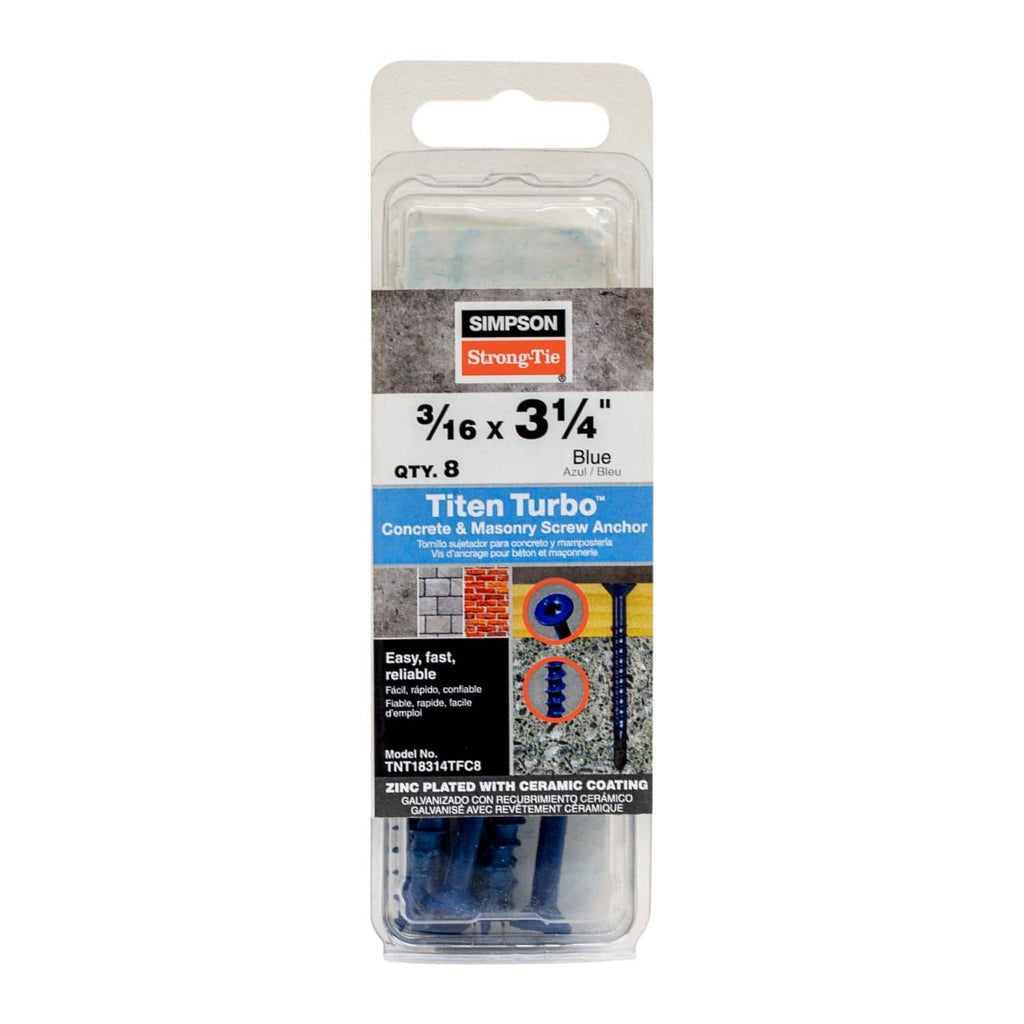 Simpson Strong-Tie TNT18314TF Titen Turbo, 3/16-in. x 3-1/4-in. 6-Lobe Flat-Head Concrete and Masonry Screw, Blue, 100-Pack