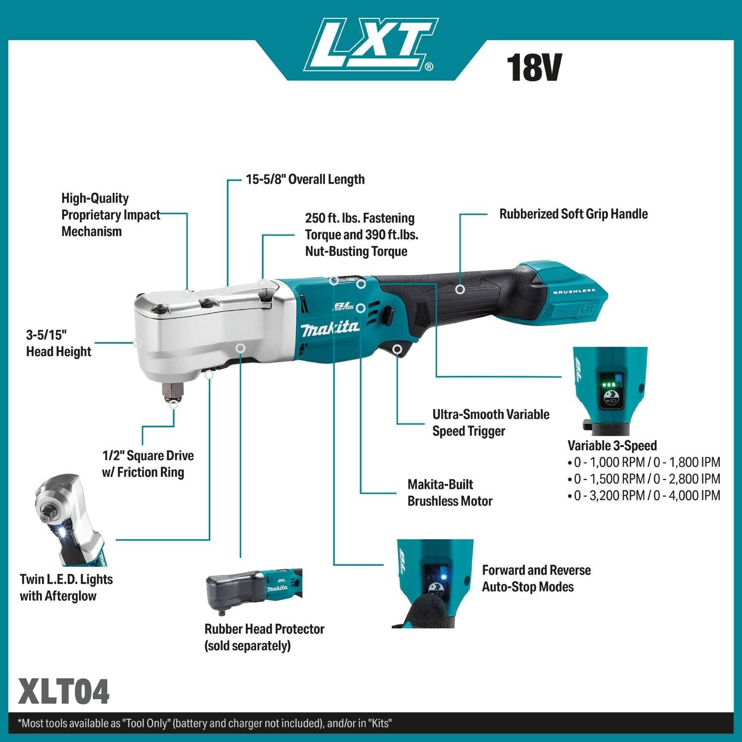 Makita XLT04Z 18V LXT Brushless High Torque 1/2-in. Angle Impact Wrench w/ Friction Ring, Tool Only