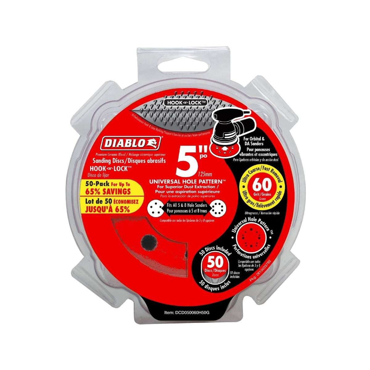 Diablo DCD050060H50G 5-in. 60-Grit Hook & Lock ROS Sanding Discs, 50-Pack