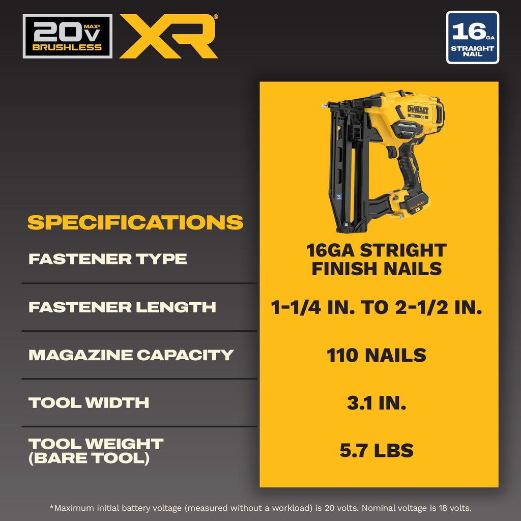 DEWALT 20V MAX* XR Cordless 16GA Straight Finish Nailer, Tool Only (DCN220B)