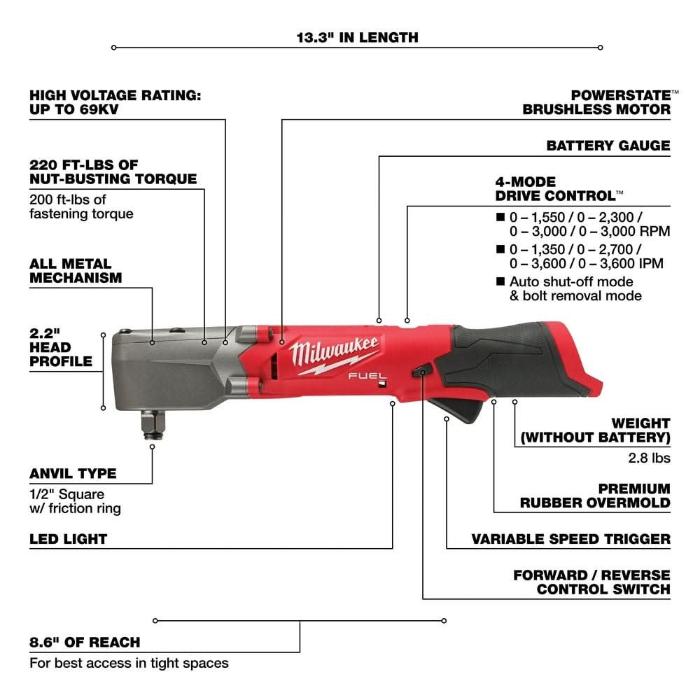 Milwaukee 2565-20 M12 FUEL 1/2" Right Angle Impact Wrench, Tool Only