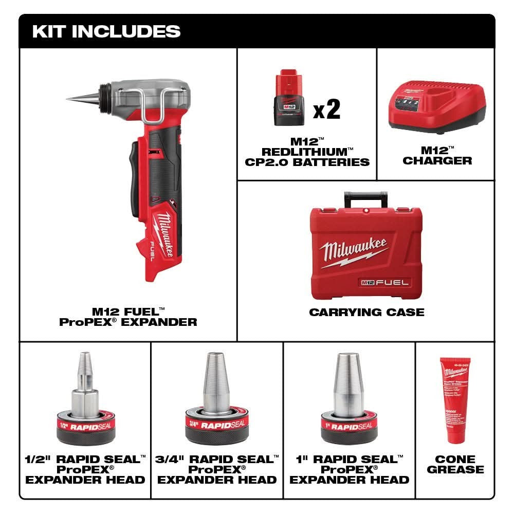 Milwaukee 2532-22 M12 FUEL ProPEX Expander with 1/2-Inch-1-Inch RAPID SEAL ProPEX Expander Head 2.0Ah Kit