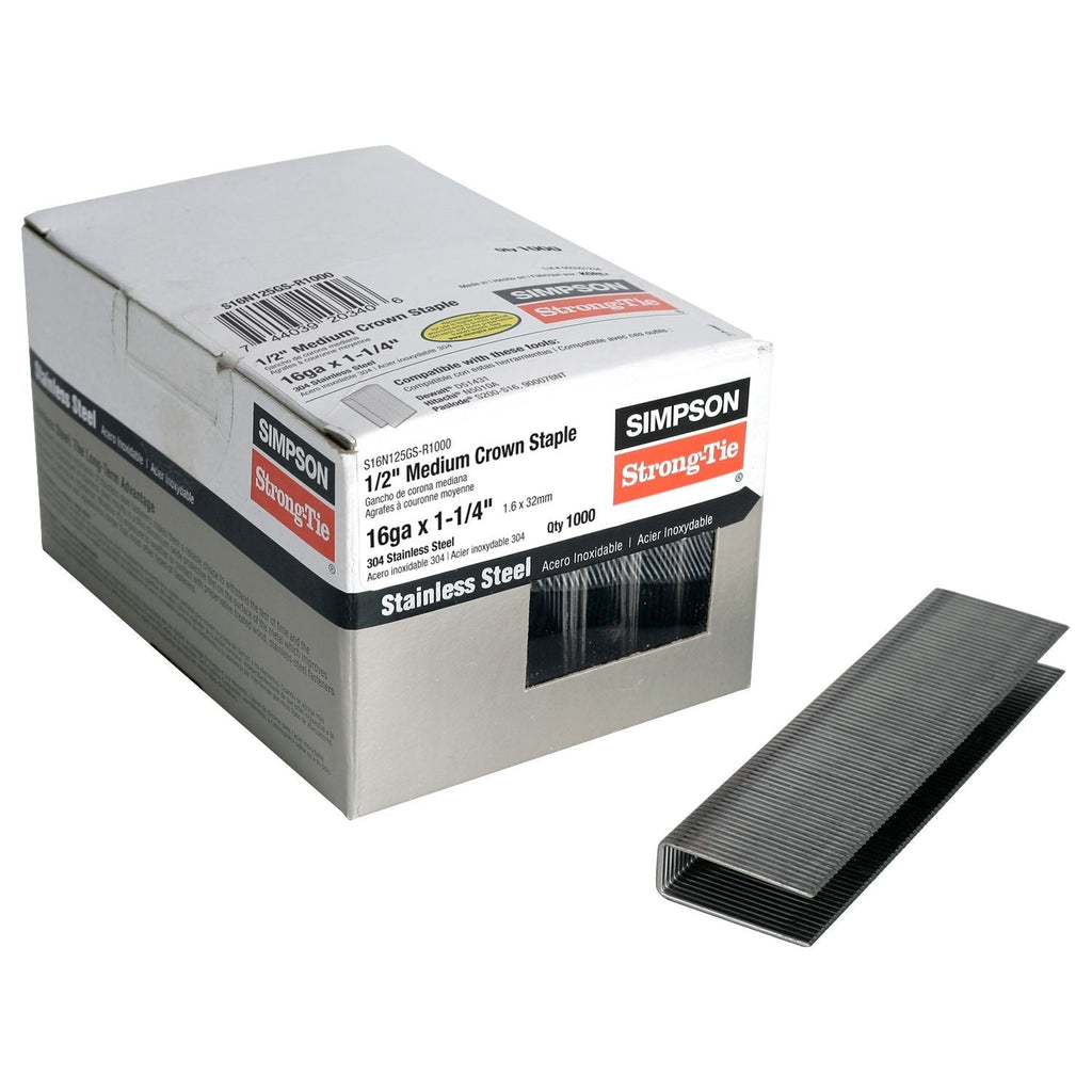 Simpson Strong-Tie S16N125GS-R1000 1/2-in. Crown, 16-Gauge Staples, 1-1/4-in. Type 304 Stainless Steel, 1000-Pack