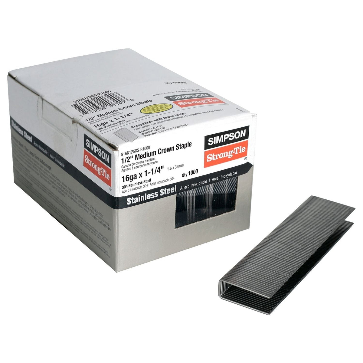 Simpson Strong-Tie S16N125GS-R1000 1/2-in. Crown, 16-Gauge Staples, 1-1/4-in. Type 304 Stainless Steel, 1000-Pack