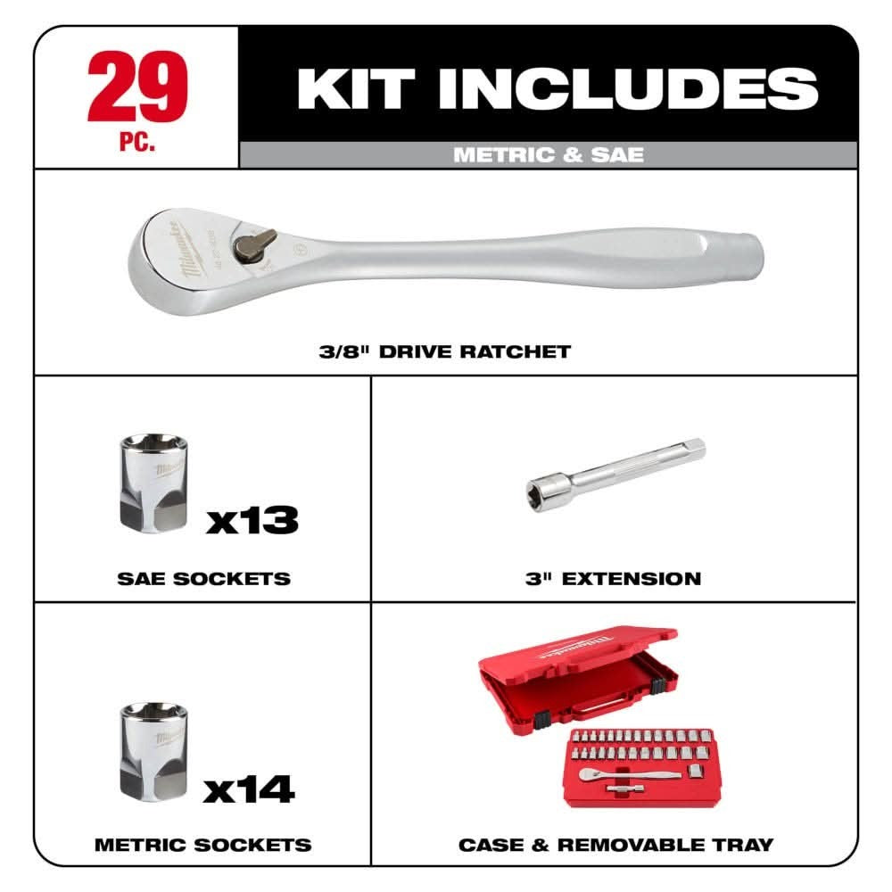 Milwaukee 48-22-9088 29pc 3/8" Drive Metric & SAE Ratchet and Socket Set with Four Flat Sides