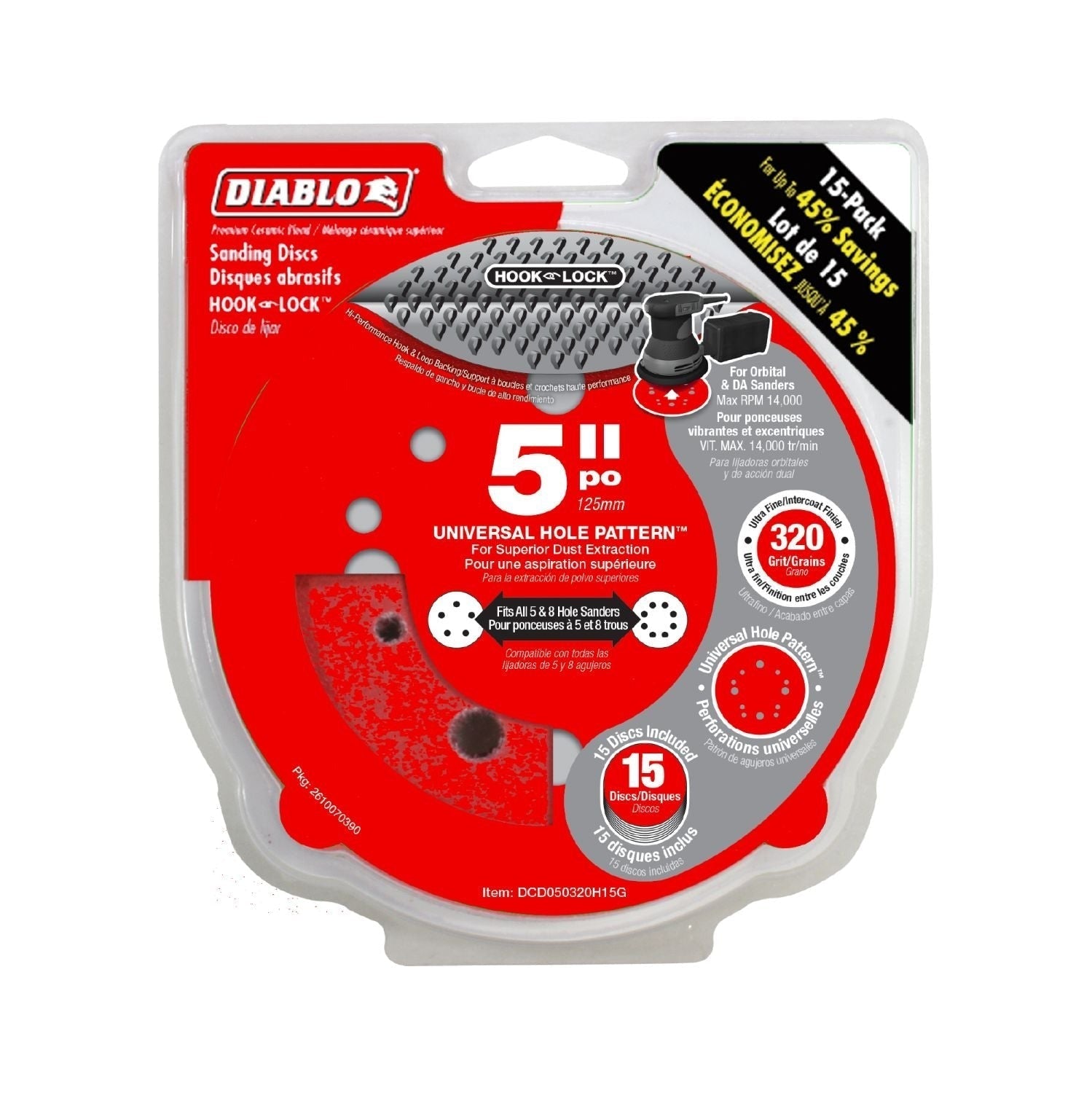 Diablo DCD050320H15G 5 Inch ROS Disc Hook & Lock 320 Grit , 15-Pack