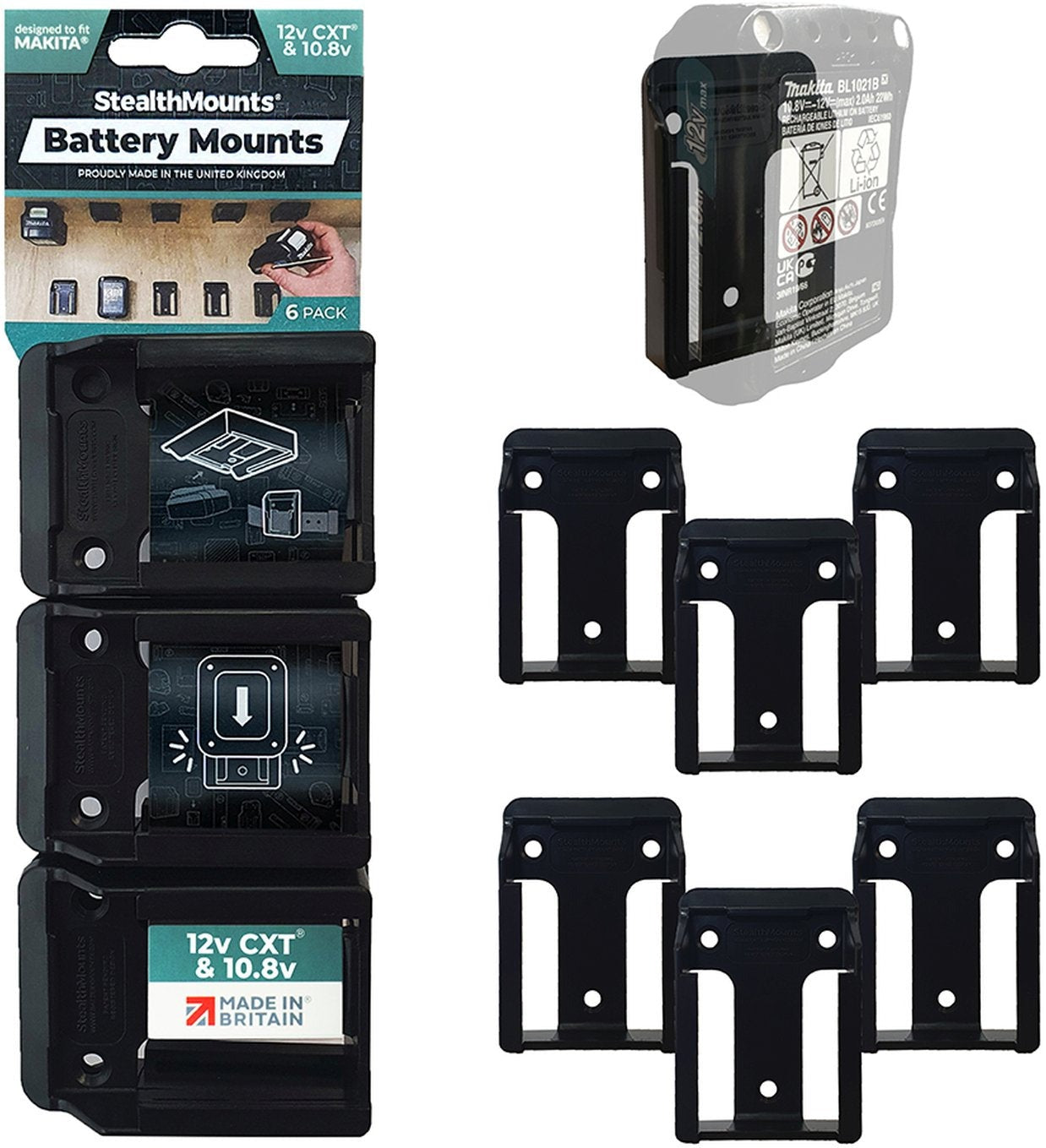 StealthMounts Battery Mounts for Makita 10.8V / 12V CXT Black, 6-Pack