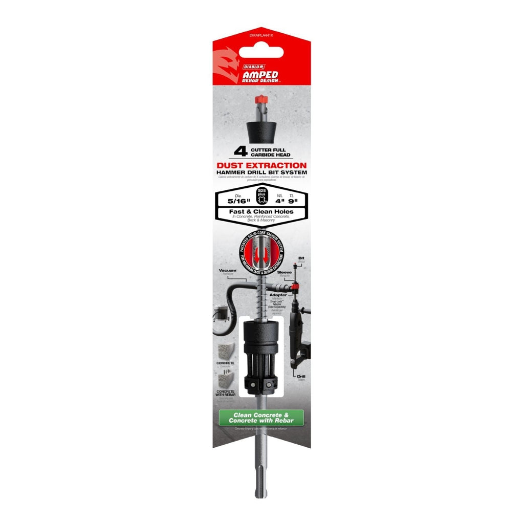 Diablo DMAPLA4410 5/16-in. x 4-in. x 9-in. AMPED Rebar Demon SDS-Plus 4-Cutter Full Carbide Head Dust Extraction Hammer Drill Bit