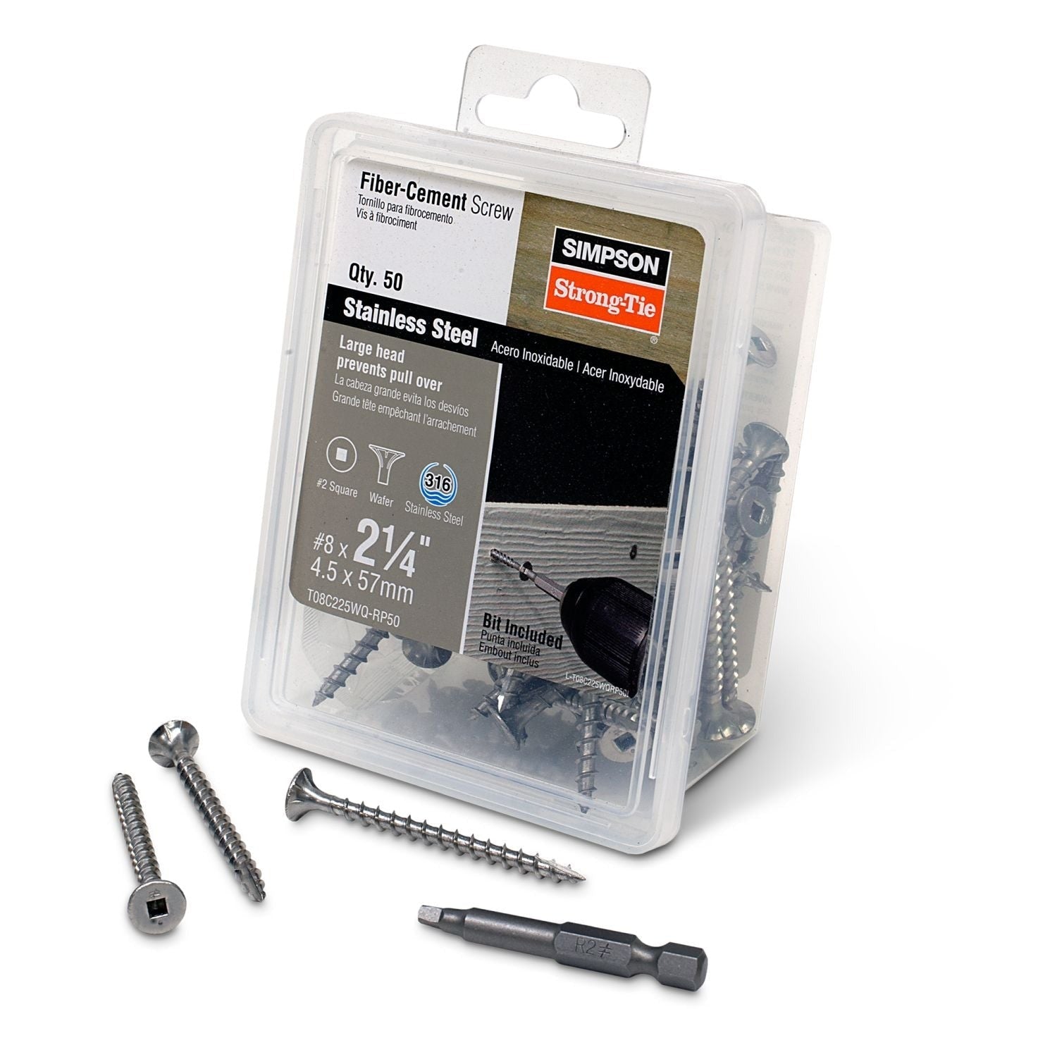 Simpson Strong-Tie T08C225WQ-RP50 Fiber-Cement Screw, #8 x 2-1/4-in. #2 Square Wafer-Head, Type 316, 50-Pack