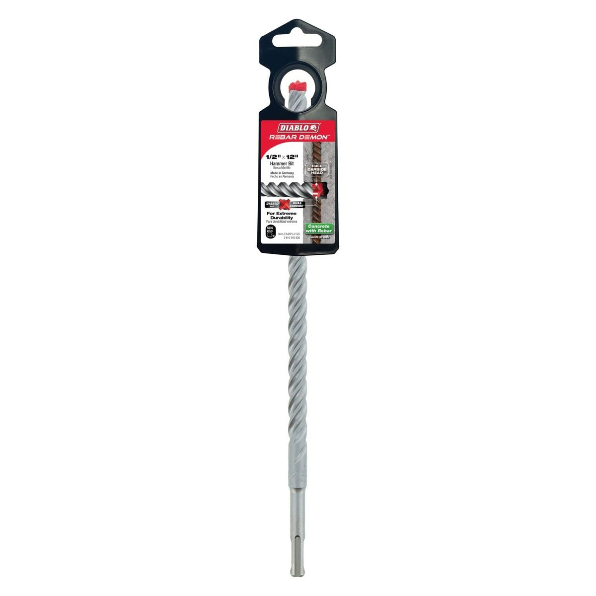Diablo DMAPL4190 1/2-in. x 10-in. x 12-in. Rebar Demon SDS-Plus 4-Cutter Full Carbide Head Hammer Drill Bit