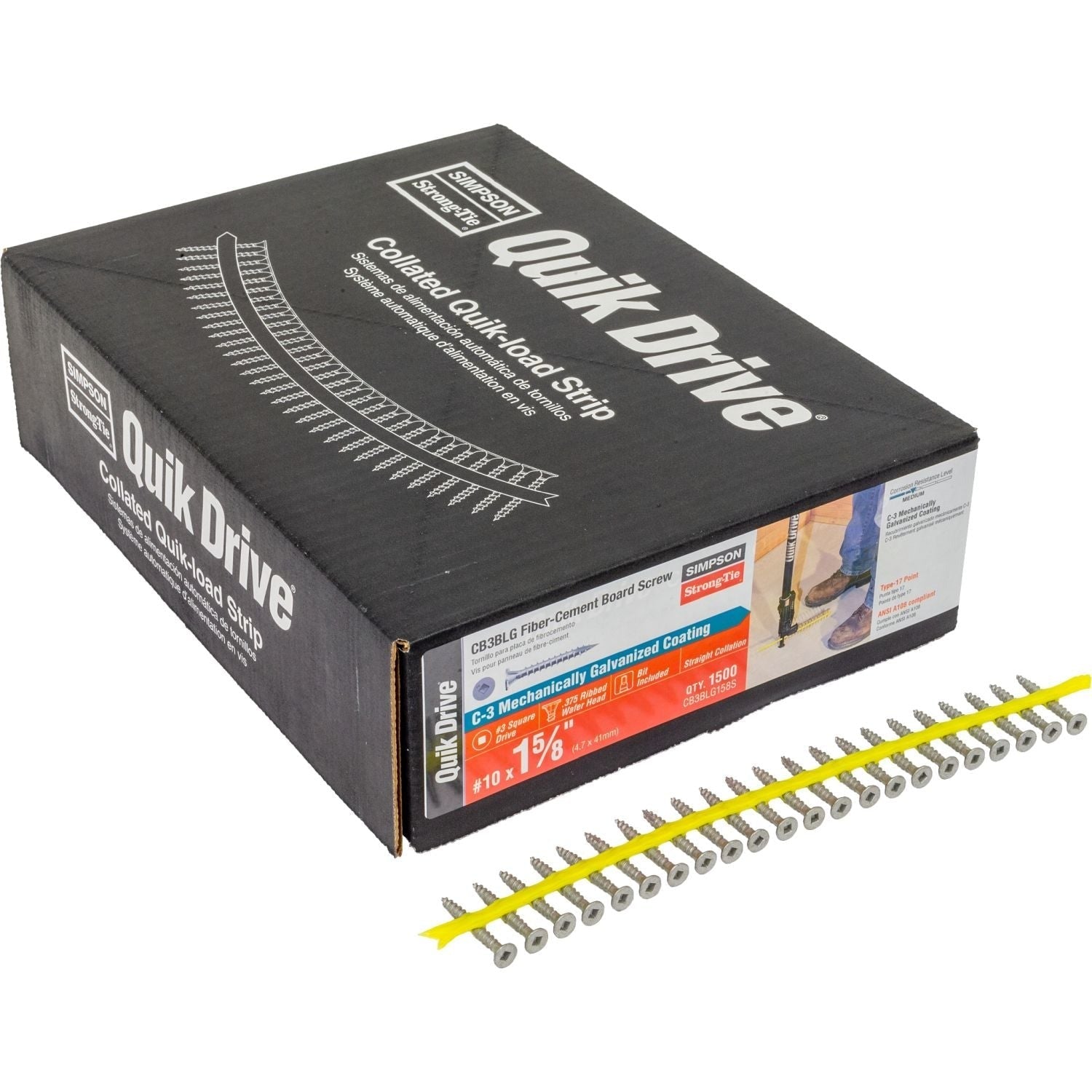 Simpson Strong-Tie CB3BLG158S CB3BLG Fiber-Cement Board Screw (Collated), #10 x 1-5/8-in. #3 SQU, 1500-Pack