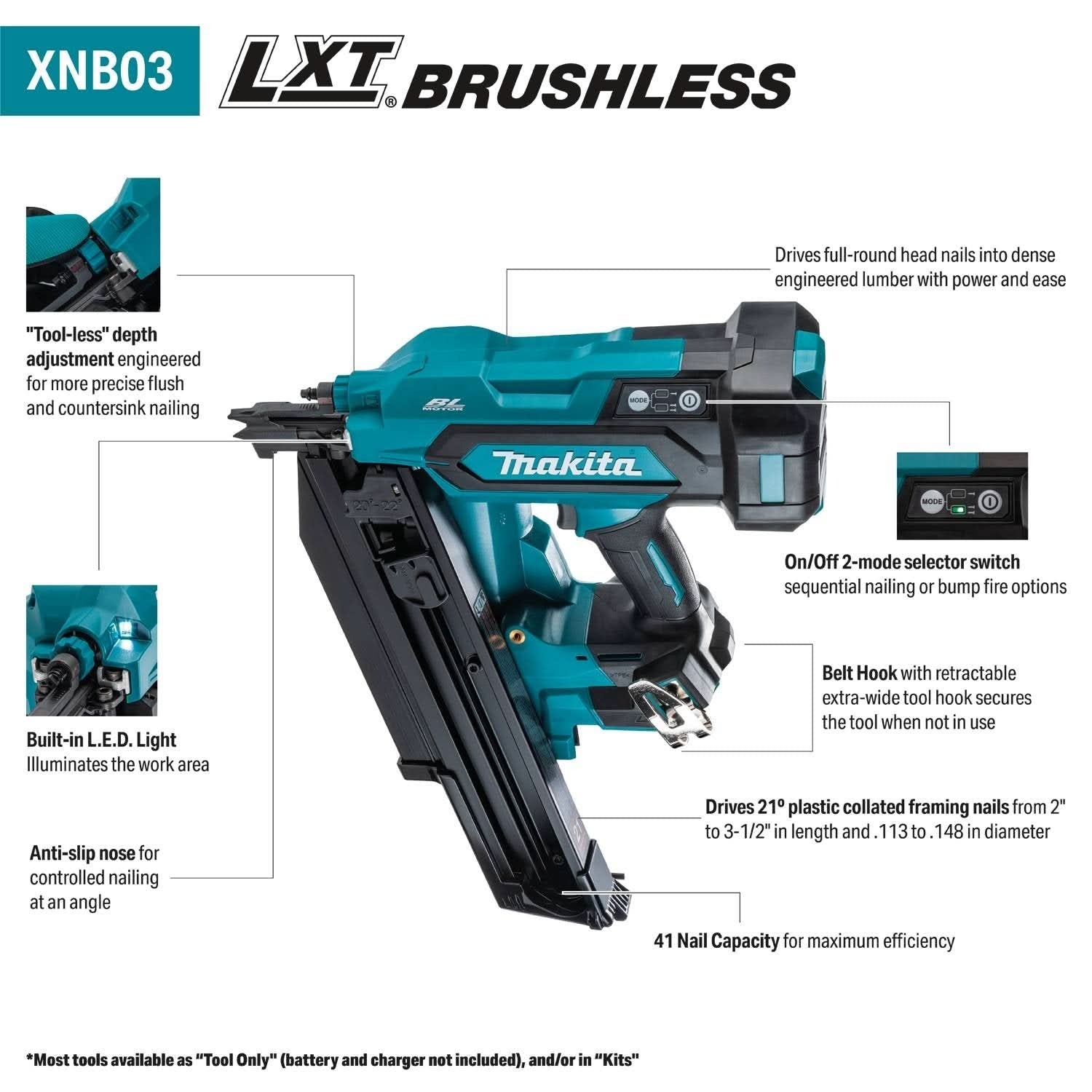 Makita XNB03M1 18V LXT Brushless 21-Degree Full Round Head 3-1/2-in. Framing Nailer 4.0Ah Kit