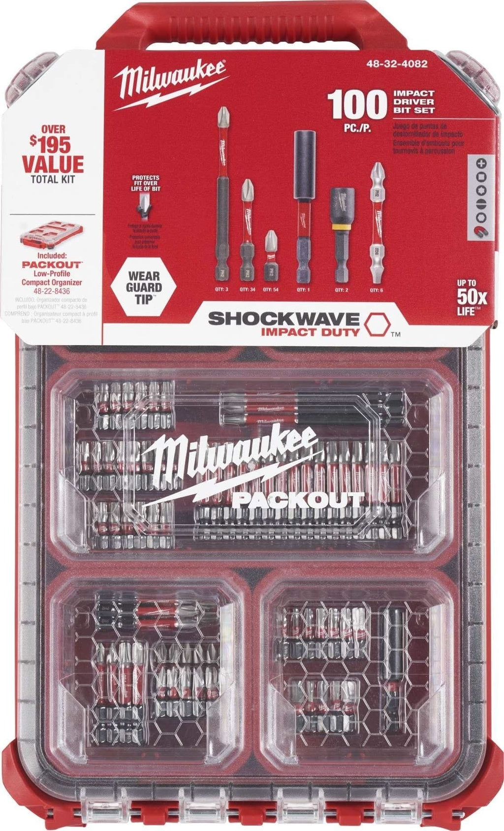 Milwaukee 48-22-8442 PACKOUT 2-Drawer Tool Box With PACKOUT Organizer SHOCKWAVE 100-Piece Impact Bit Set
