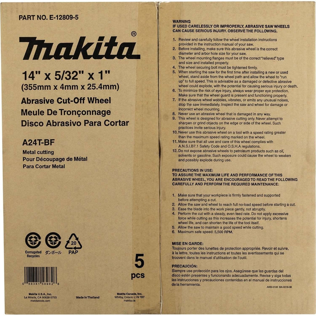 Makita E-12809-5 14" x 5/32" x 1" Abrasive Cut"â€ ̃Off Wheel, 5/pk