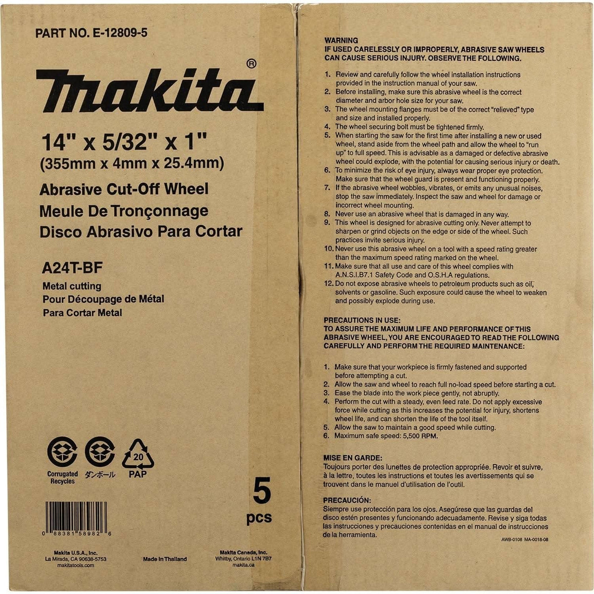 Makita E-12809-5 14" x 5/32" x 1" Abrasive Cut"â€ ̃Off Wheel, 5/pk