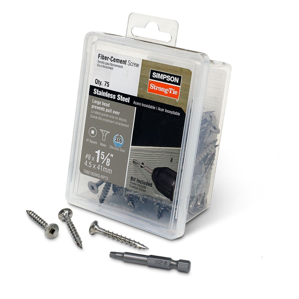 Simpson Strong-Tie T08C162WQ-RP75 Fiber-Cement Screw, #8 x 1-5/8-in. #2 Square Wafer-Head, Type 316, 75-Pack