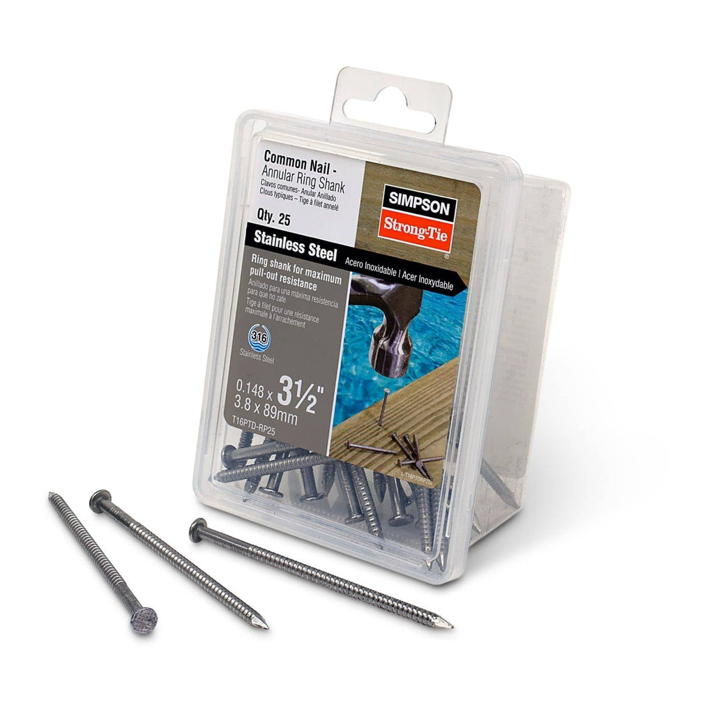Simpson Strong-Tie T16PTD-RP25 Preservative-Treated Wood Decking Nail, Ring Shank, 3-1/2-in. x .148-in. Type 316, 25-Pack