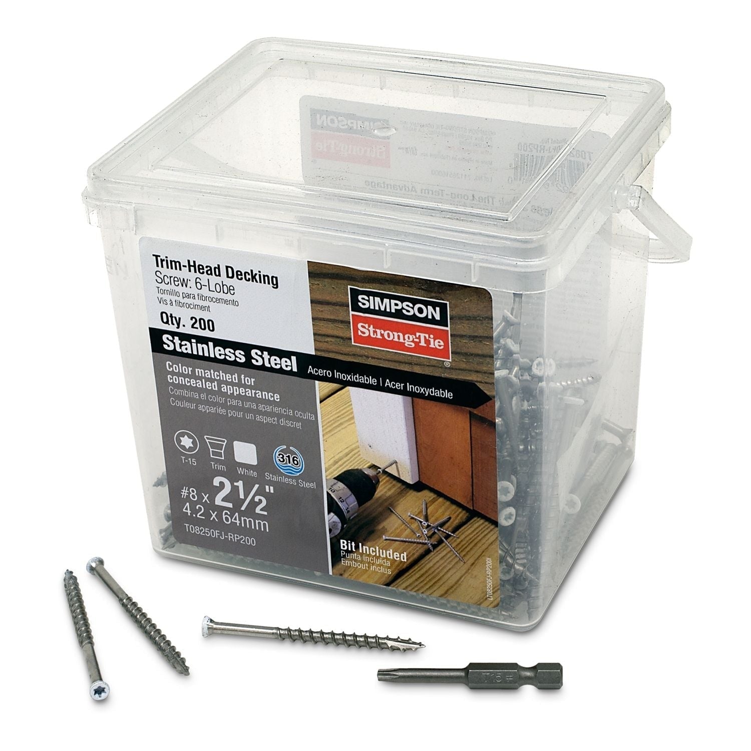 Simpson Strong-Tie T08250FJ-RP200 Trim-Head Screw, 6-Lobe Drive, #8 x 2-1/2-in. T-15 Type 316, White 01, 200-Pack