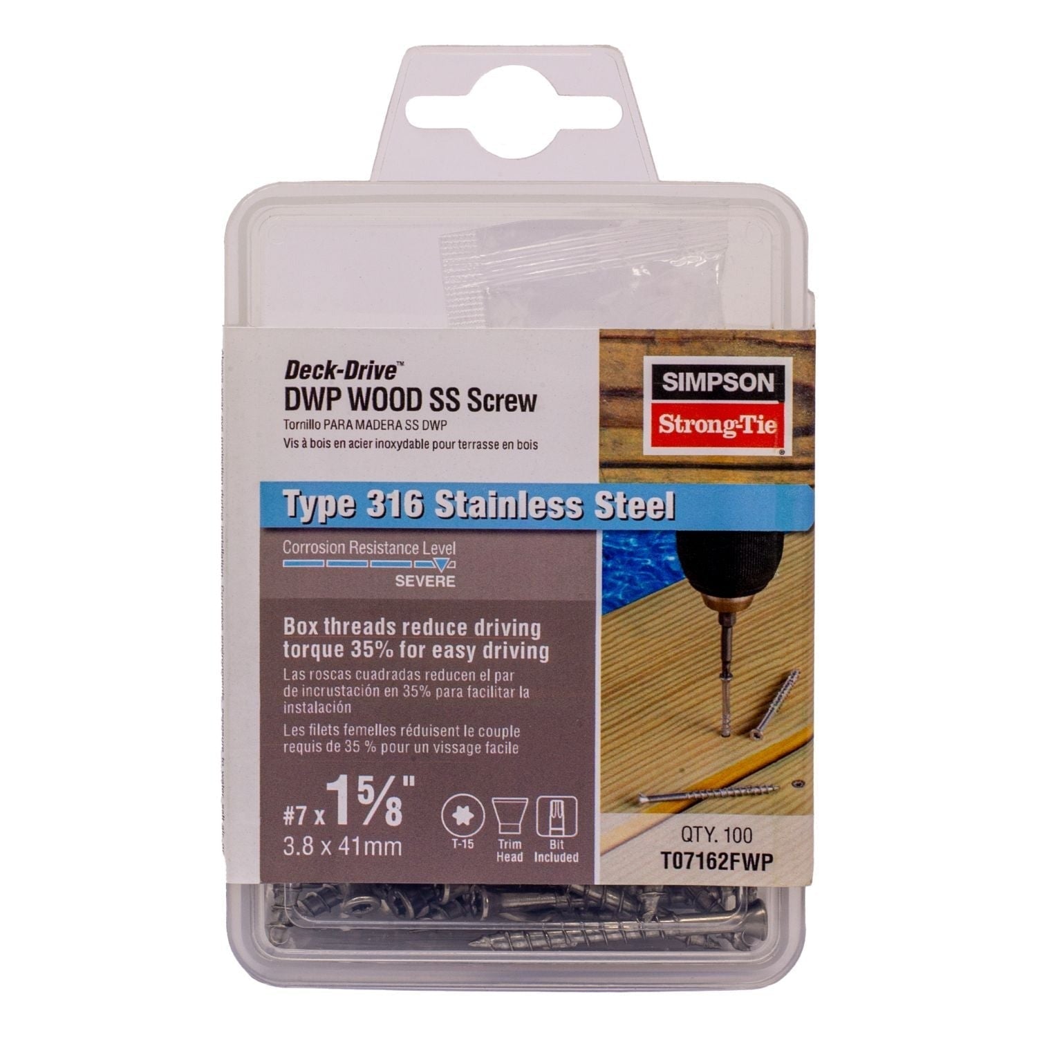 Simpson Strong-Tie T07162FWP Deck-Drive DWP WOOD SS Screw, #7 x 1-5/8-in. T-15, Trim Head, Type 316, 100-Pack