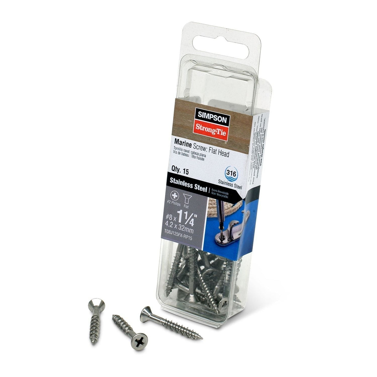 Simpson Strong-Tie T08J125FX-RP15 Marine Screw, Flat Head, #8 x 1-1/4-in. #2 Phillips Drive, Type 316, 15-Pack