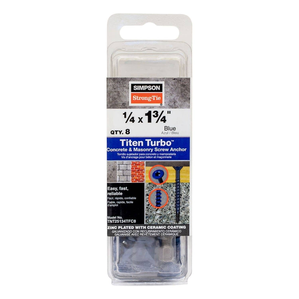 Simpson Strong-Tie TNT25134TFC8 Titen Turbo, 1/4-in. x 1-3/4-in. 6-Lobe Flat-Head Concrete and Masonry Screw, Blue, 8-Pack