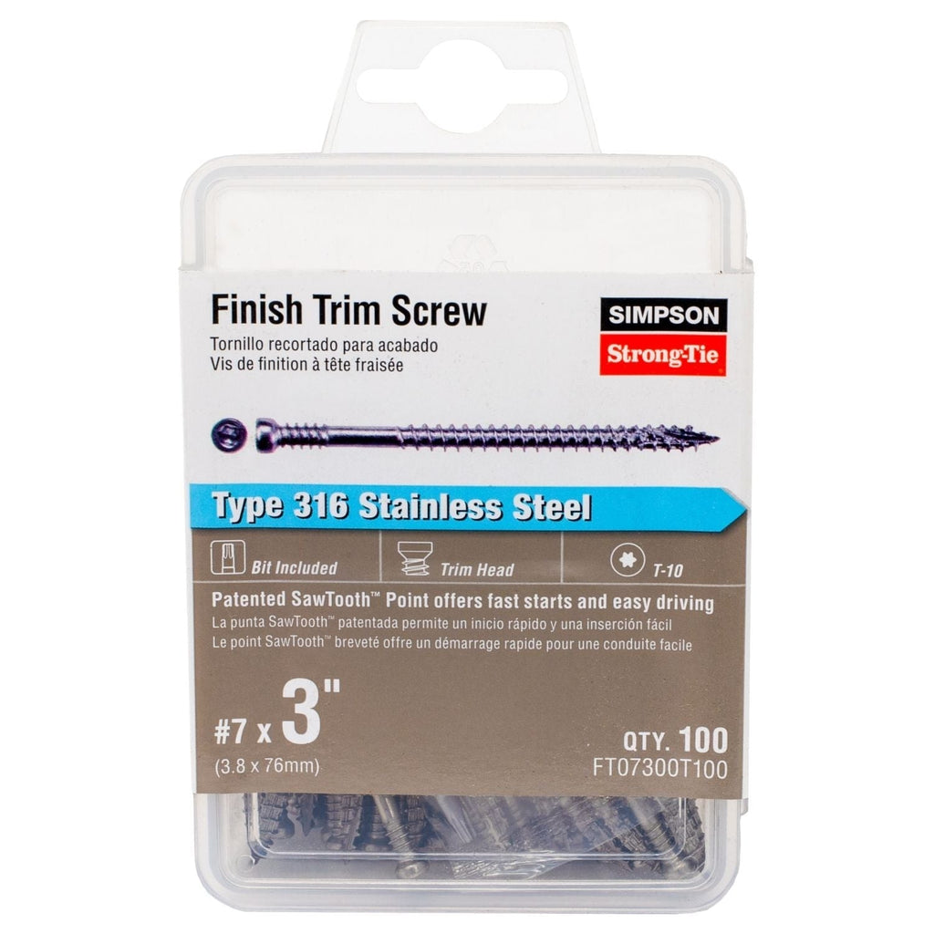 Simpson Strong-Tie FT07300T100 Finish Trim Screw, #7 x 3-in. T10, Trim-Head, Type 316, 100-Pack