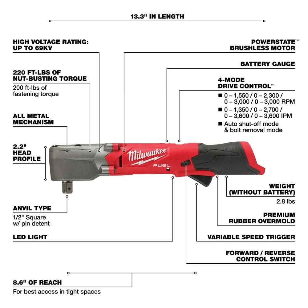 Milwaukee 2565P-20 M12 FUEL 1/2" Right Angle Impact Wrench w/ Pin Detent, Tool Only