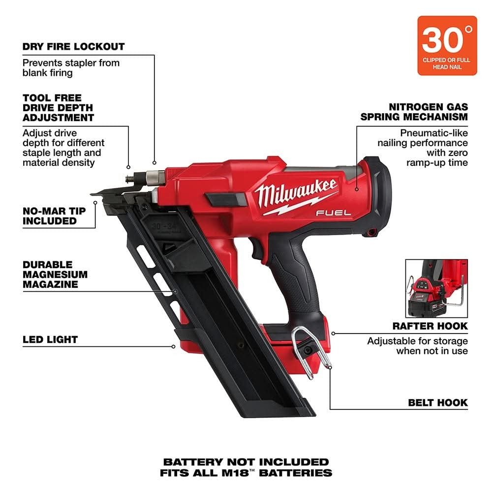 Milwaukee 2745-20 M18 FUEL Brushless 30-Degree Framing Nailer, Tool Only