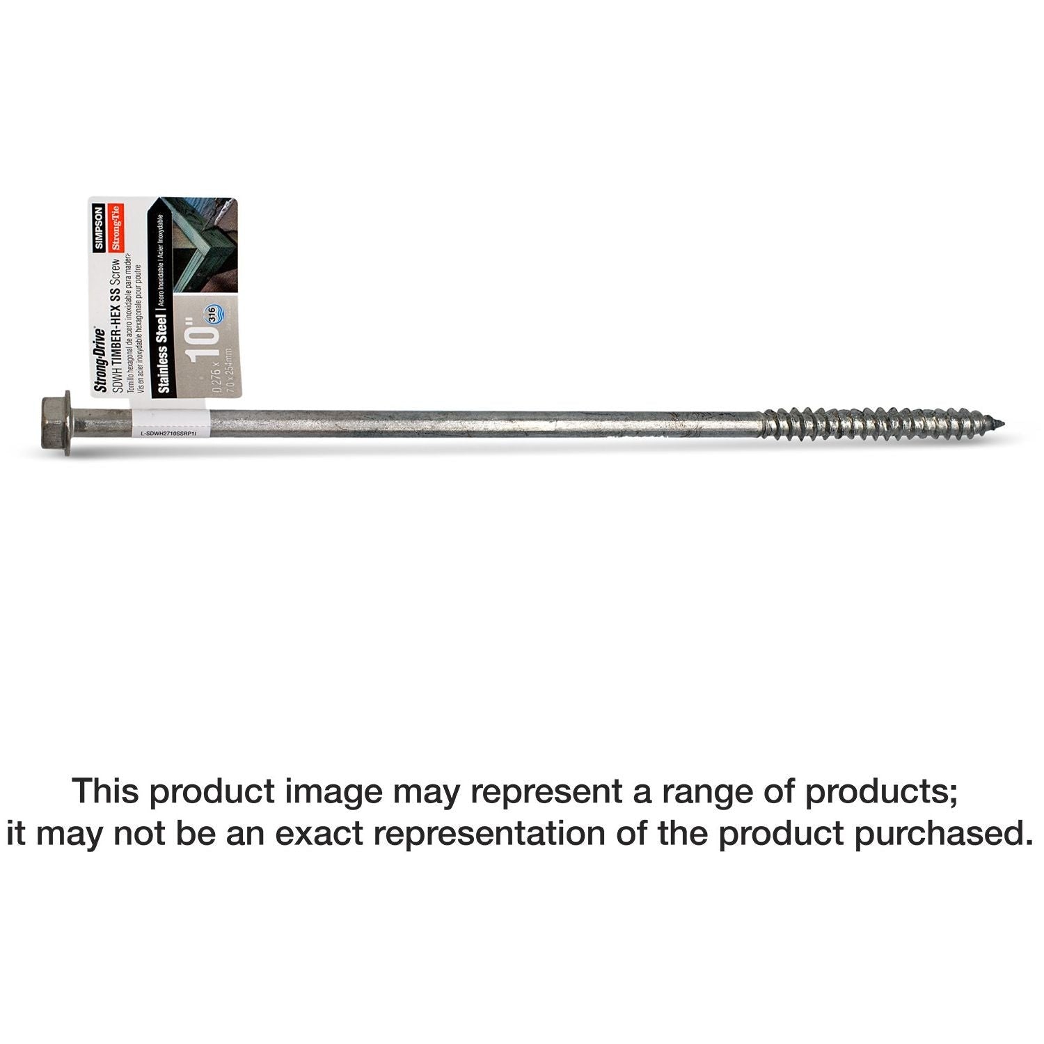 Simpson Strong-Tie SDWH271000SS-R25 Strong-Drive SDWH TIMBER-HEX SS Screw, 0.275-in. x 10-in. 1/2 Hex, Type 316, 25-Pack