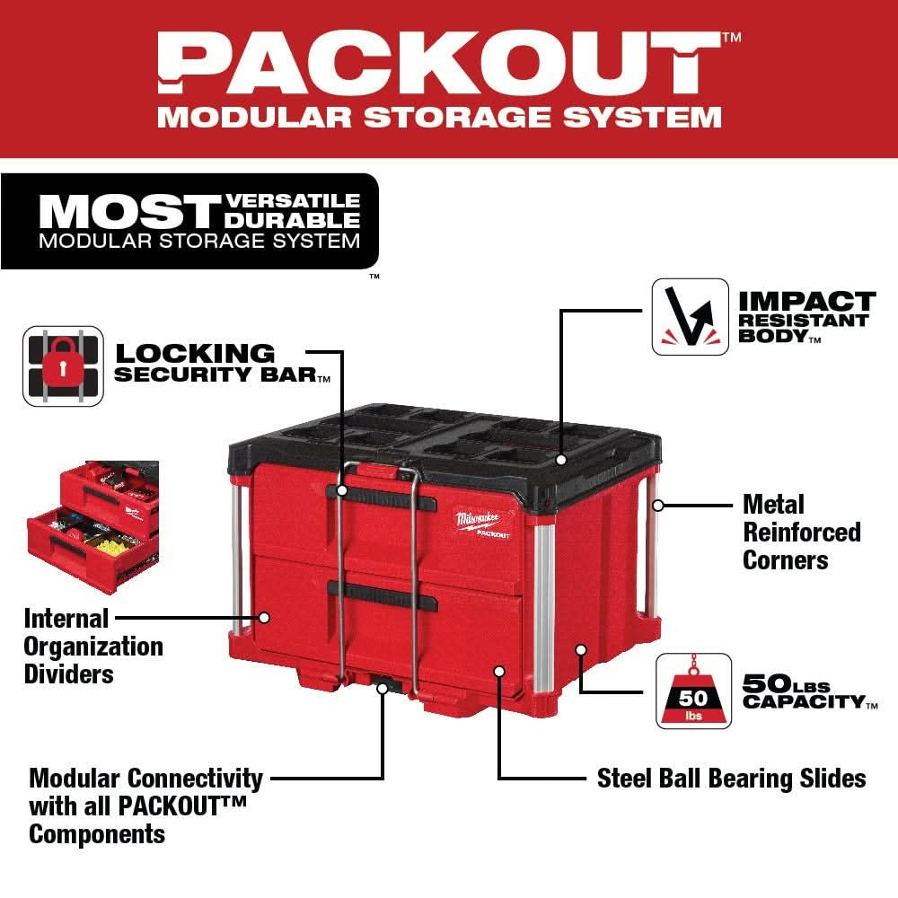 Milwaukee 48-22-8442 PACKOUT 2-Drawer Tool Box With PACKOUT Organizer SHOCKWAVE 100-Piece Impact Bit Set