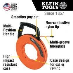 Klein Tools 56383 Multi-Groove Fiberglass Fish Tape with Nylon Tip, 100-Foot