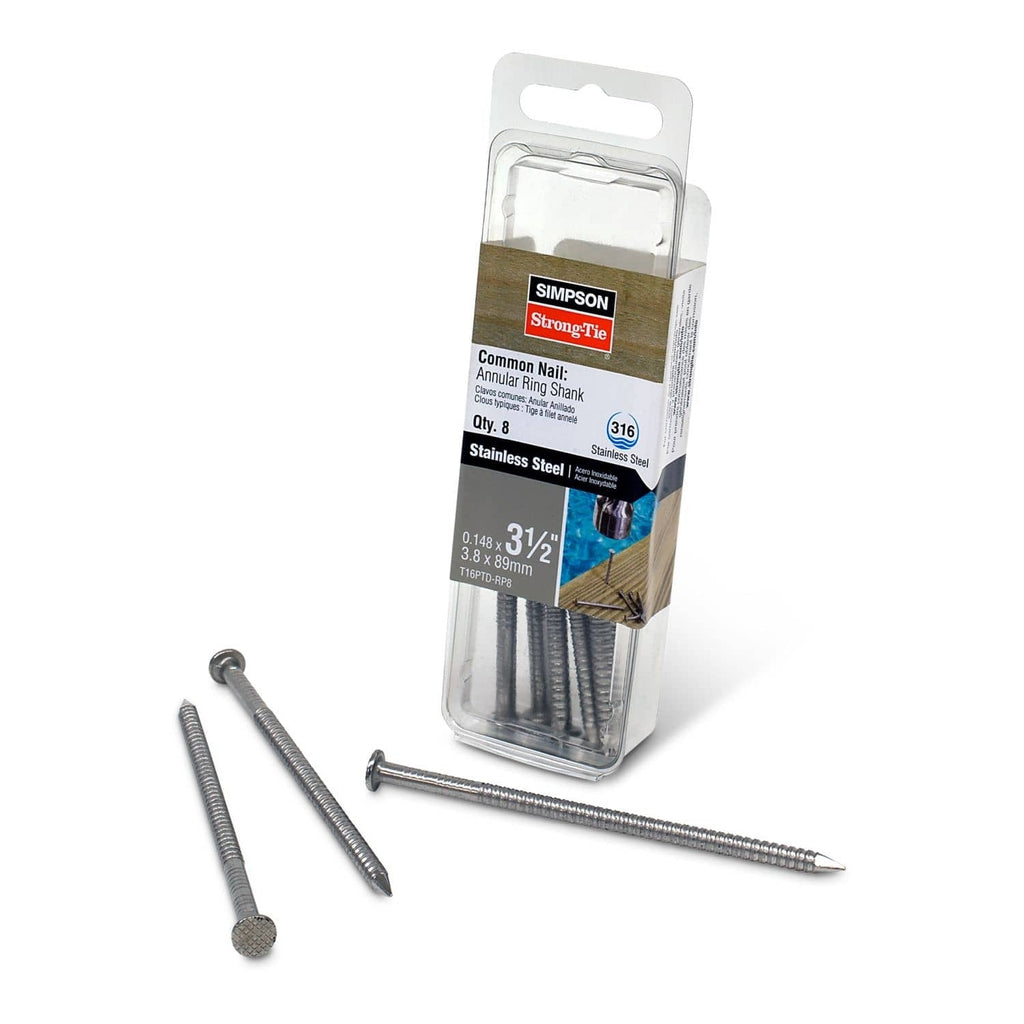 Simpson Strong-Tie T16PTD-RP8 Preservative-Treated Wood Decking Nail, Ring Shank, 3-1/2-in. x .148-in. Type 316, 8-Pack