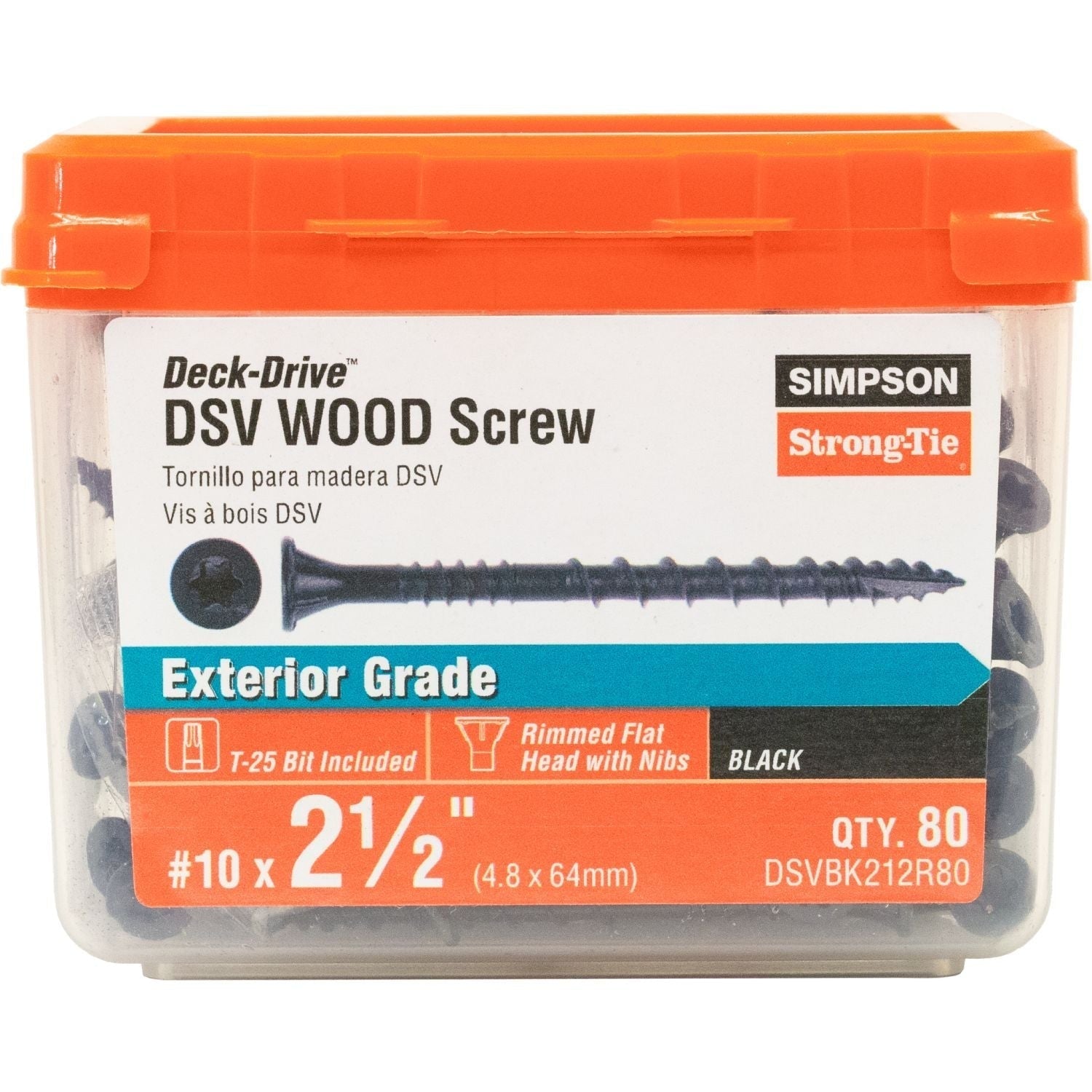 Simpson Strong-Tie DSVBK212R80 Deck-Drive DSV WOOD Screw, #10 x 2-1/2-in. T25, Flat Head, Quik Guard, Black, 80-Pack
