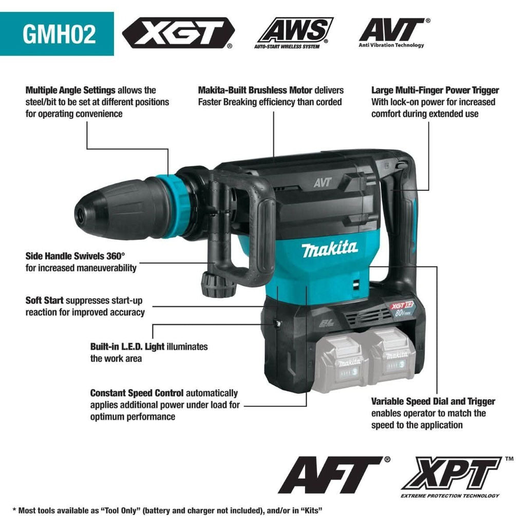 Makita GMH02Z 80V max (40V max X2) XGT Brushless 28 lb. SDS- MAX AVT Demolition Hammer, AWS Capable, Tool Only