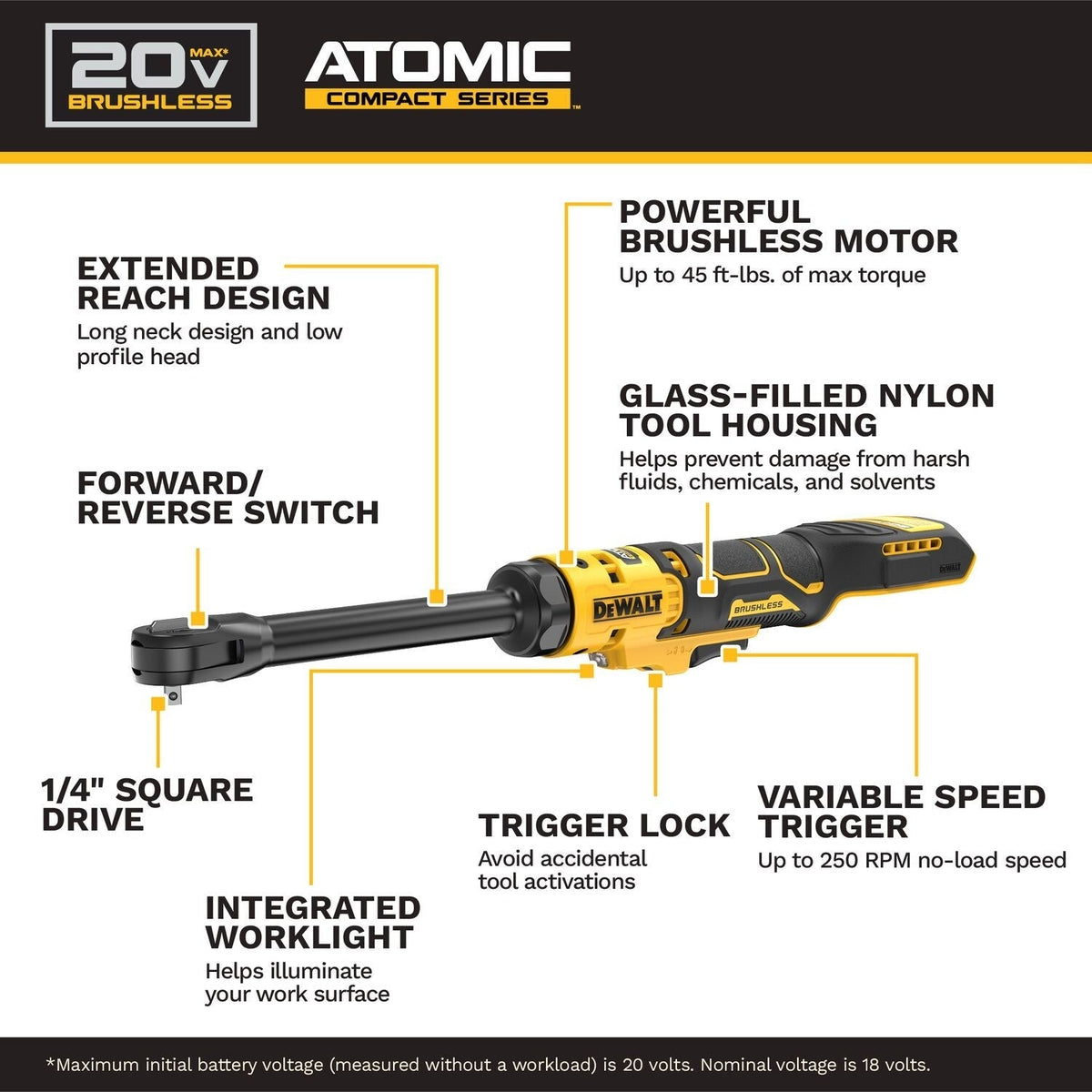DeWALT DCF514EB ATOMIC 20V MAX Brushless Cordless 1/4-in. Extended Reach Ratchet, Tool Only