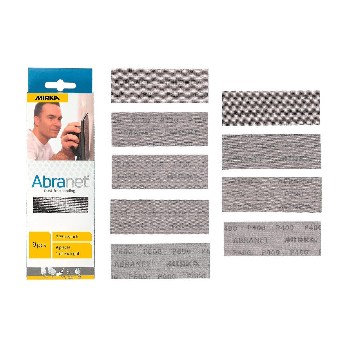 Mirka Abranet 2.75 x 8-in. Assorted Grit Net Sanding Sheets, 9-Pack Hook and Loop (9A-150-APRP)