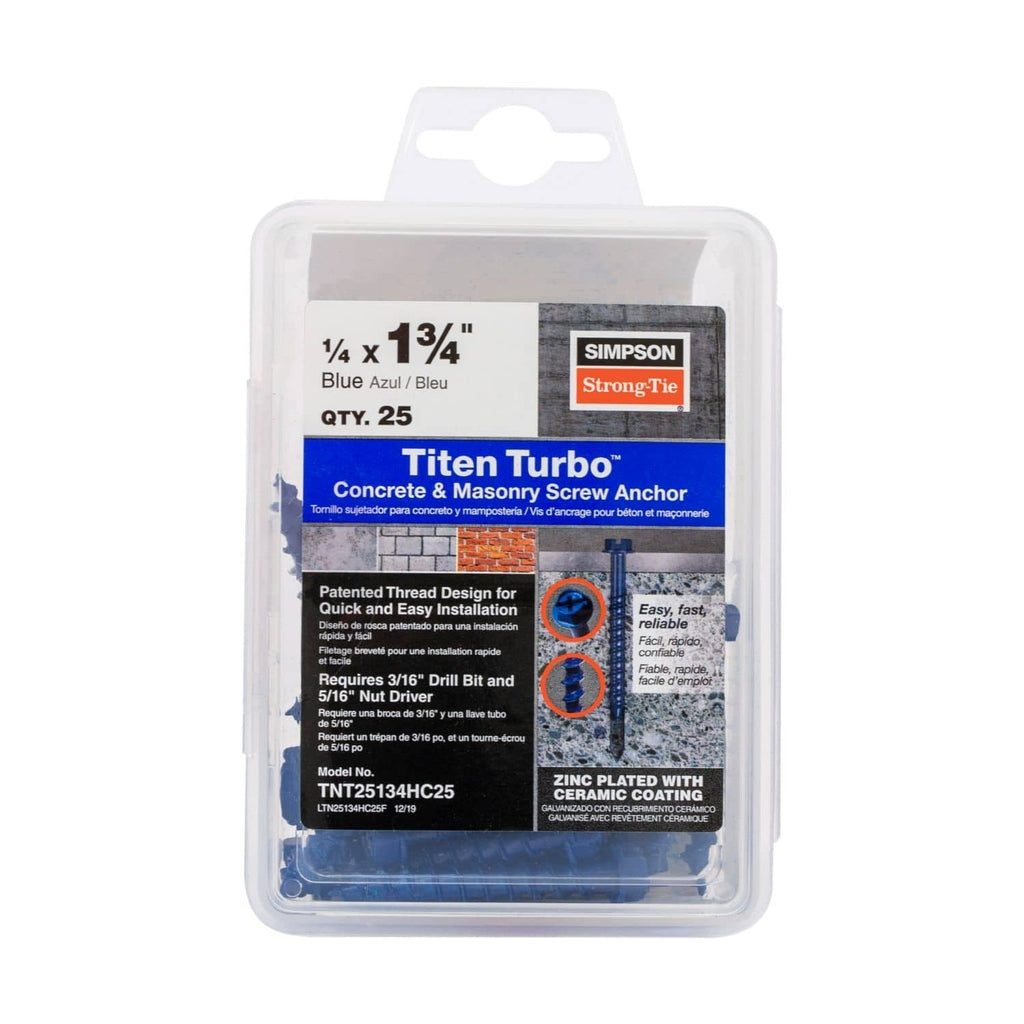 Simpson Strong-Tie TNT25134HC25 Titen Turbo, 1/4-in. x 1-3/4-in. Hex-Head Concrete and Masonry Screw, Blue, 25-Pack