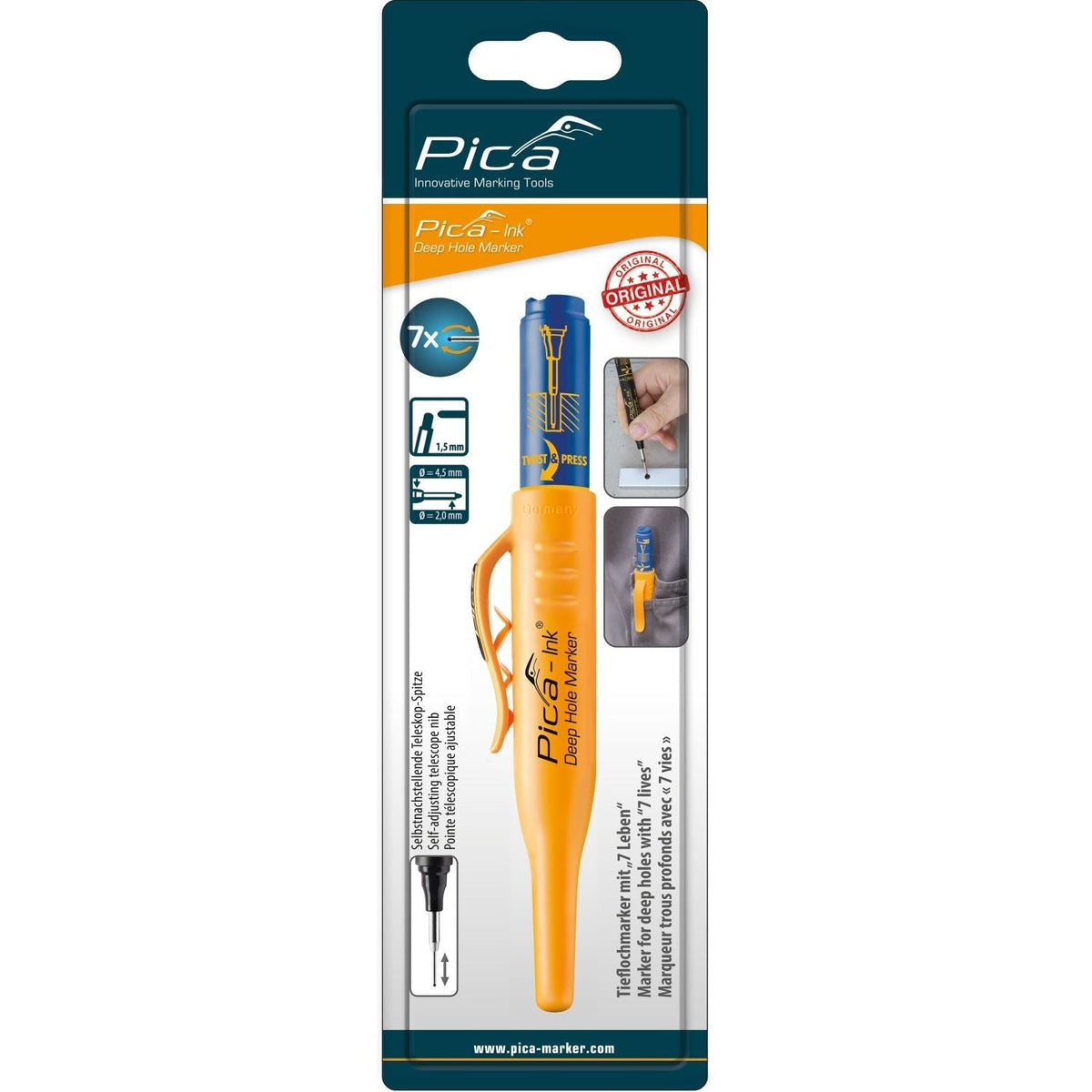 Pica 150/41/SB Blue Ink Marker For Deep Hole w/ Quiver Holder, 1-Pack