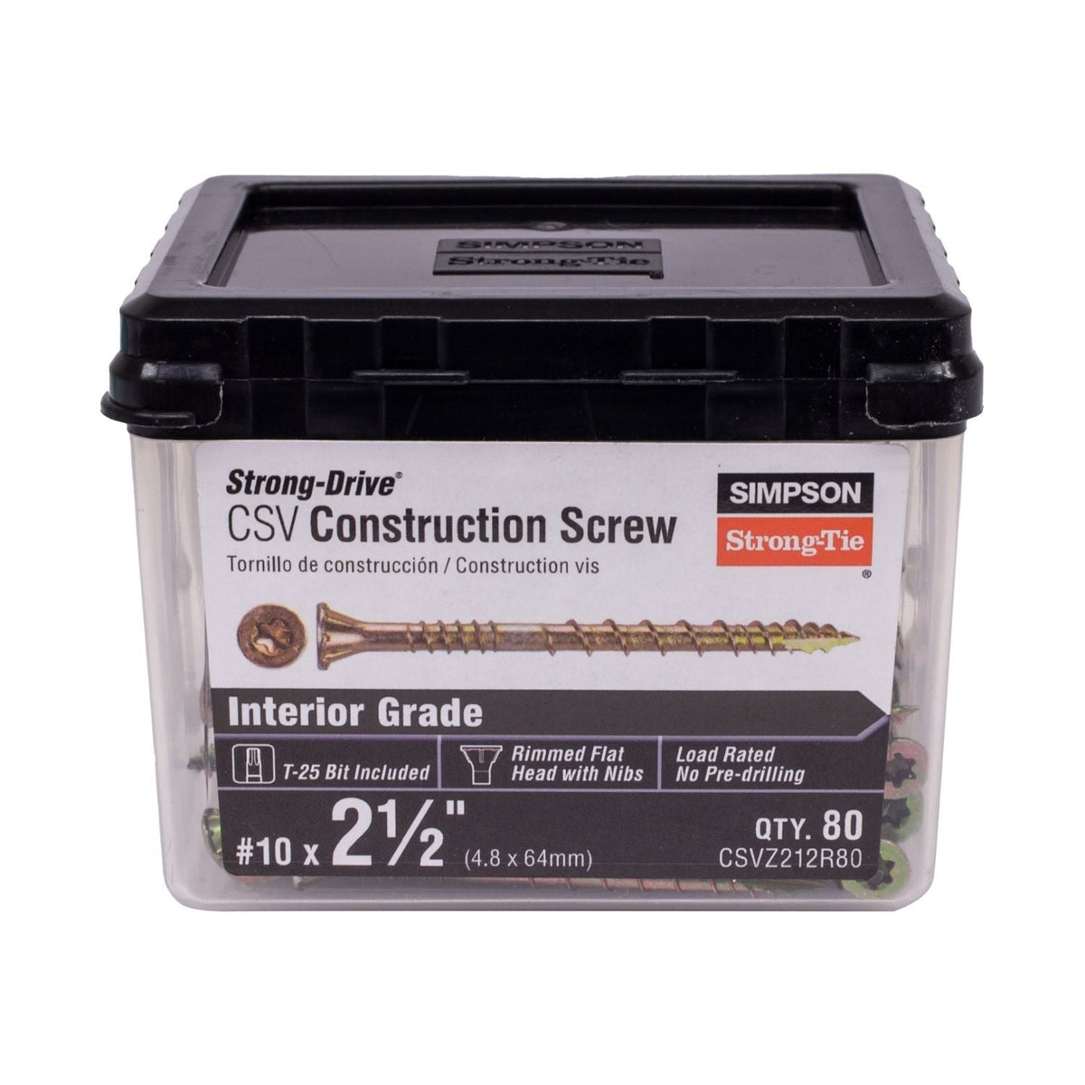 Simpson Strong-Tie CSVZ212R80 Strong-Drive CSV Construction Screw, #10 x 2-1/2-in. T25, Flat Head, Yellow Zinc, 80-Pack