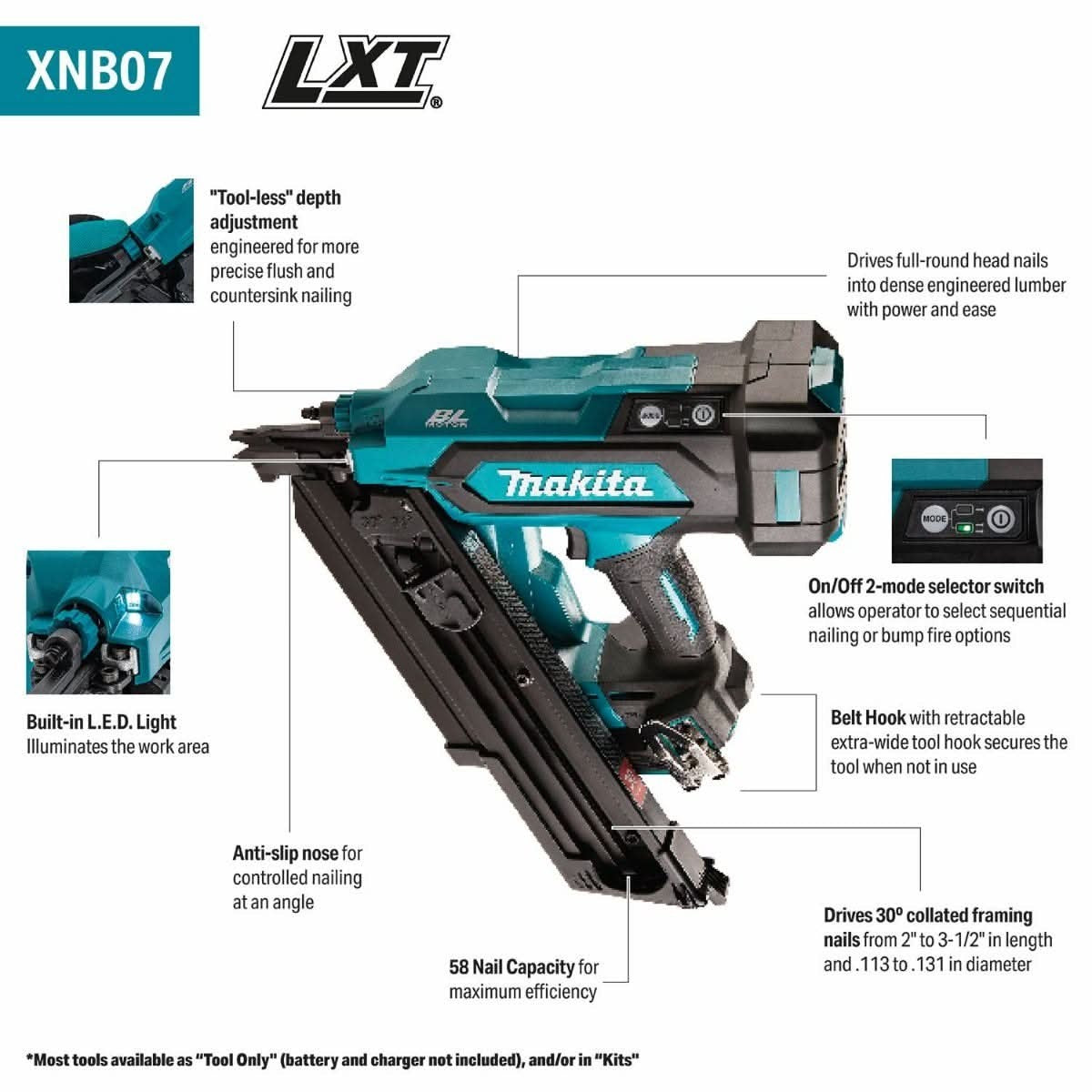 Makita XNB07Z 18V LXT Cordless 30-Degree Clipped Head 3-1/2-in. Framing Nailer w/ (2) 4.0Ah Battery and Charger