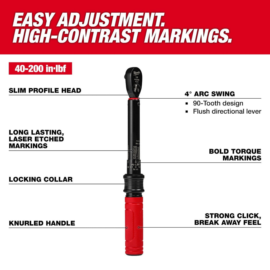 Milwaukee 48-22-9200 1/4-in. Drive Click Torque Wrench, 40-200 in·lb