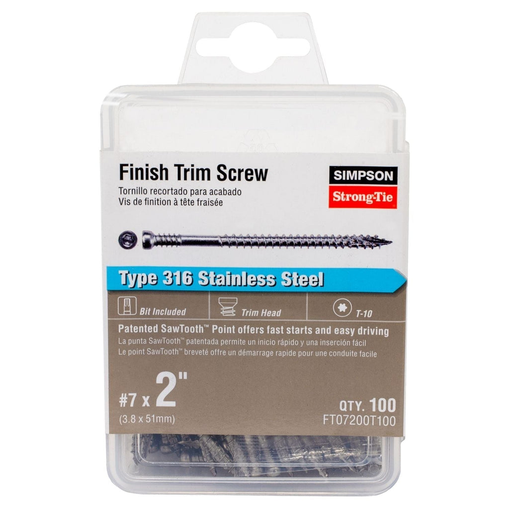 Simpson Strong-Tie FT07200T100 Finish Trim Screw, #7 x 2-in. T10, Trim-Head, Type 316, 100-Pack