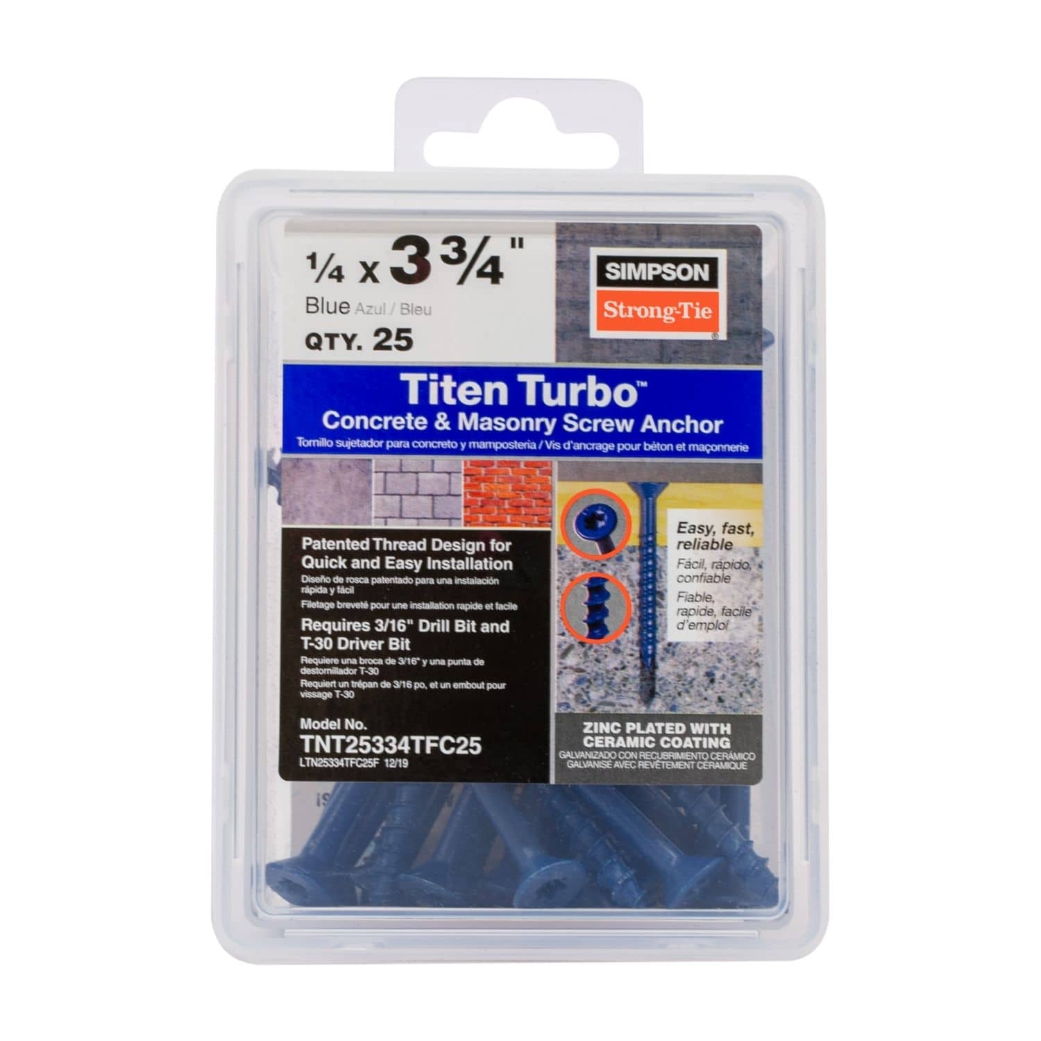 Simpson Strong-Tie TNT25334TFC25 Titen Turbo, 1/4-in. x 3-3/4-in. 6-Lobe Flat-Head Concrete and Masonry Screw, Blue, 25-Pack