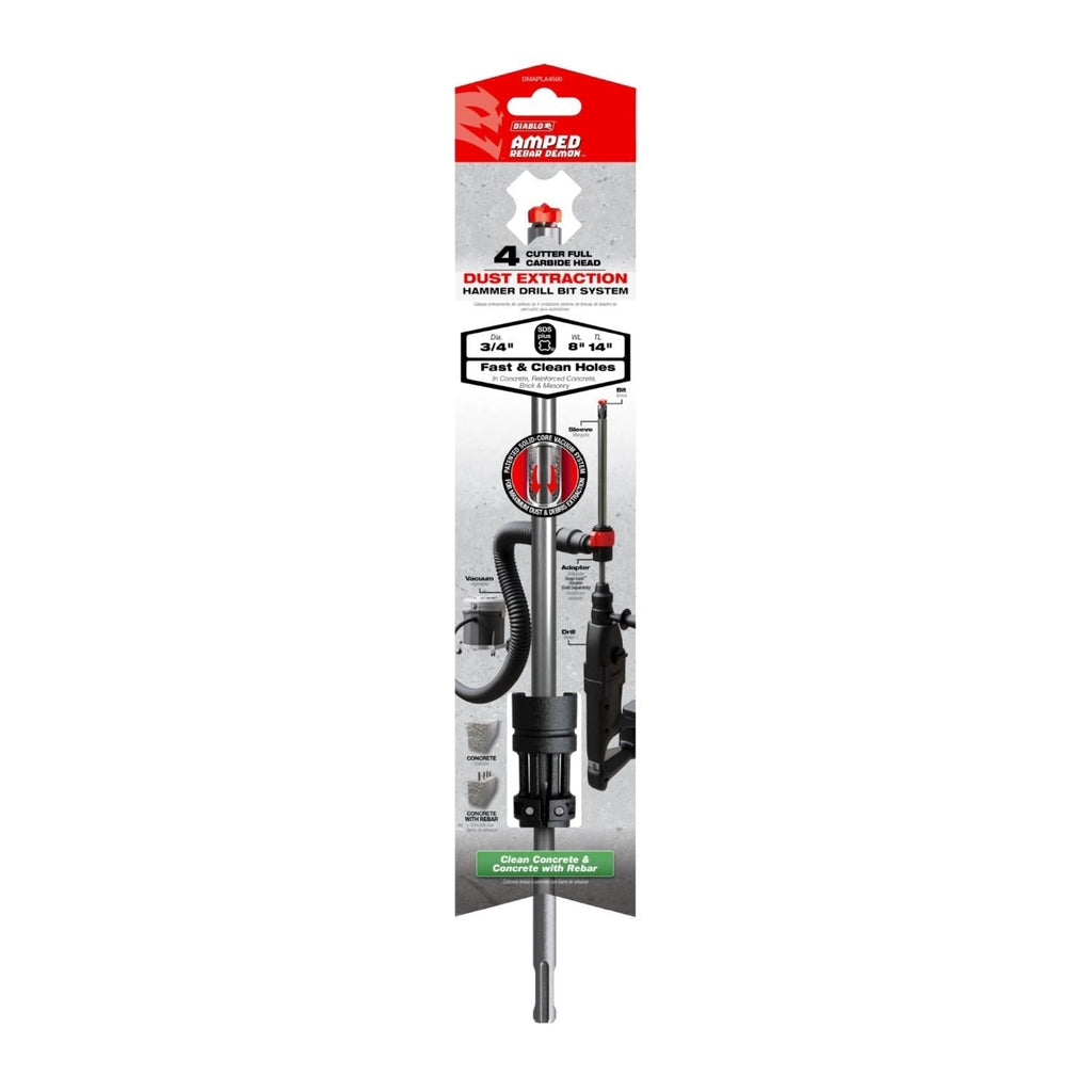 Diablo DMAPLA4560 3/4-in. x 8-in. x 14-in. AMPED Rebar Demon SDS-Plus 4-Cutter Full Carbide Head Dust Extraction Hammer Drill Bit