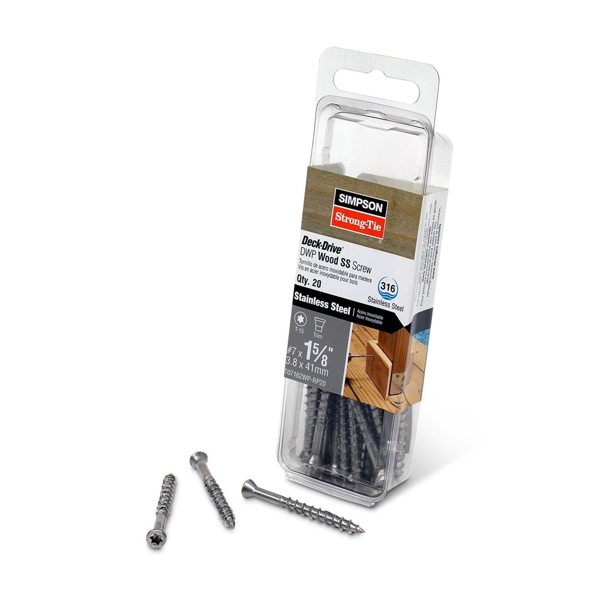 Simpson Strong-Tie T07162WP-RP20 Deck-Drive DWP WOOD SS Screw, #7 x 1-5/8-in. T-15, Trim Head, Type 316, 20-Pack