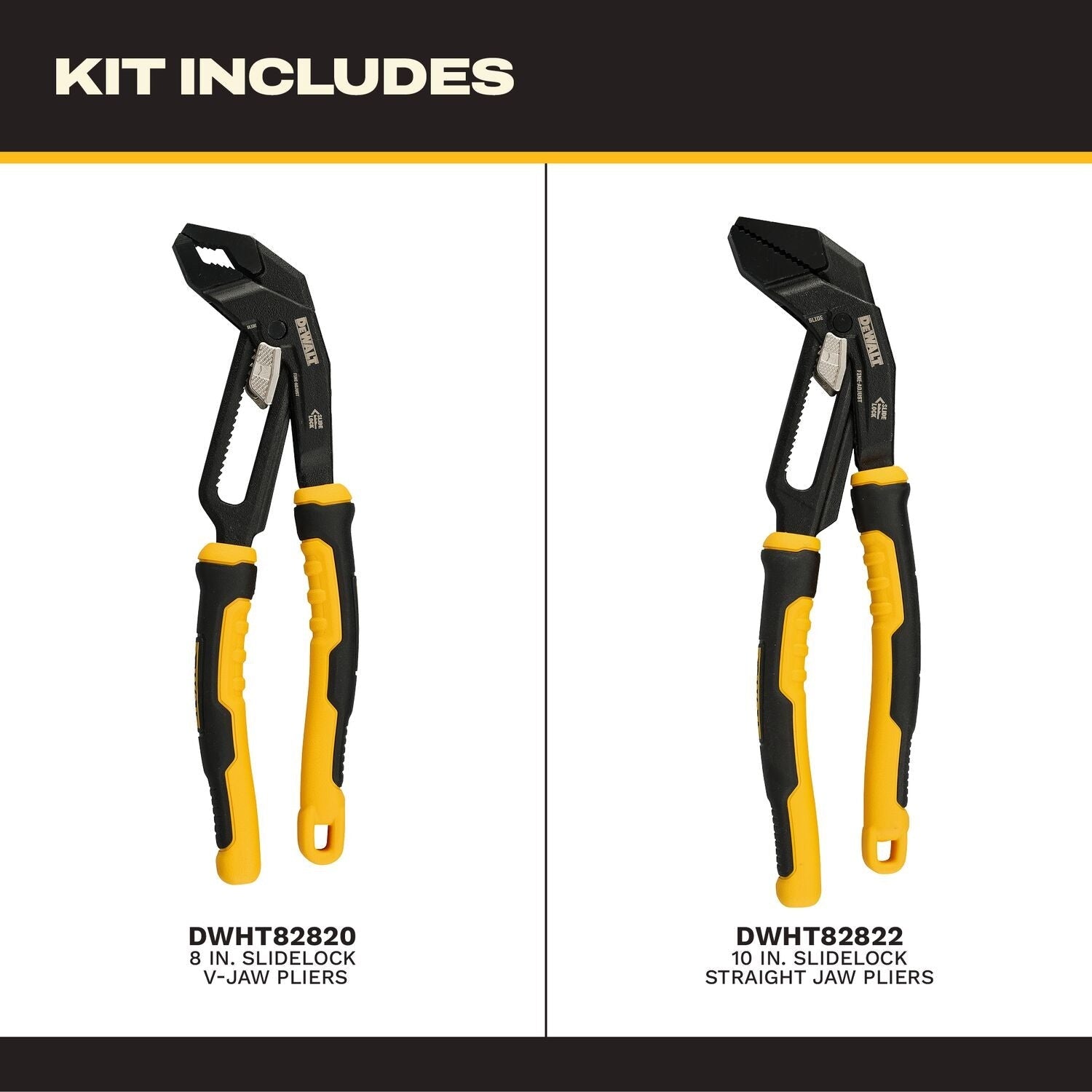 DeWALT DWHT82824 Slidelock 8-in. and 10-in. V-Jaw Plier, 2-Pack