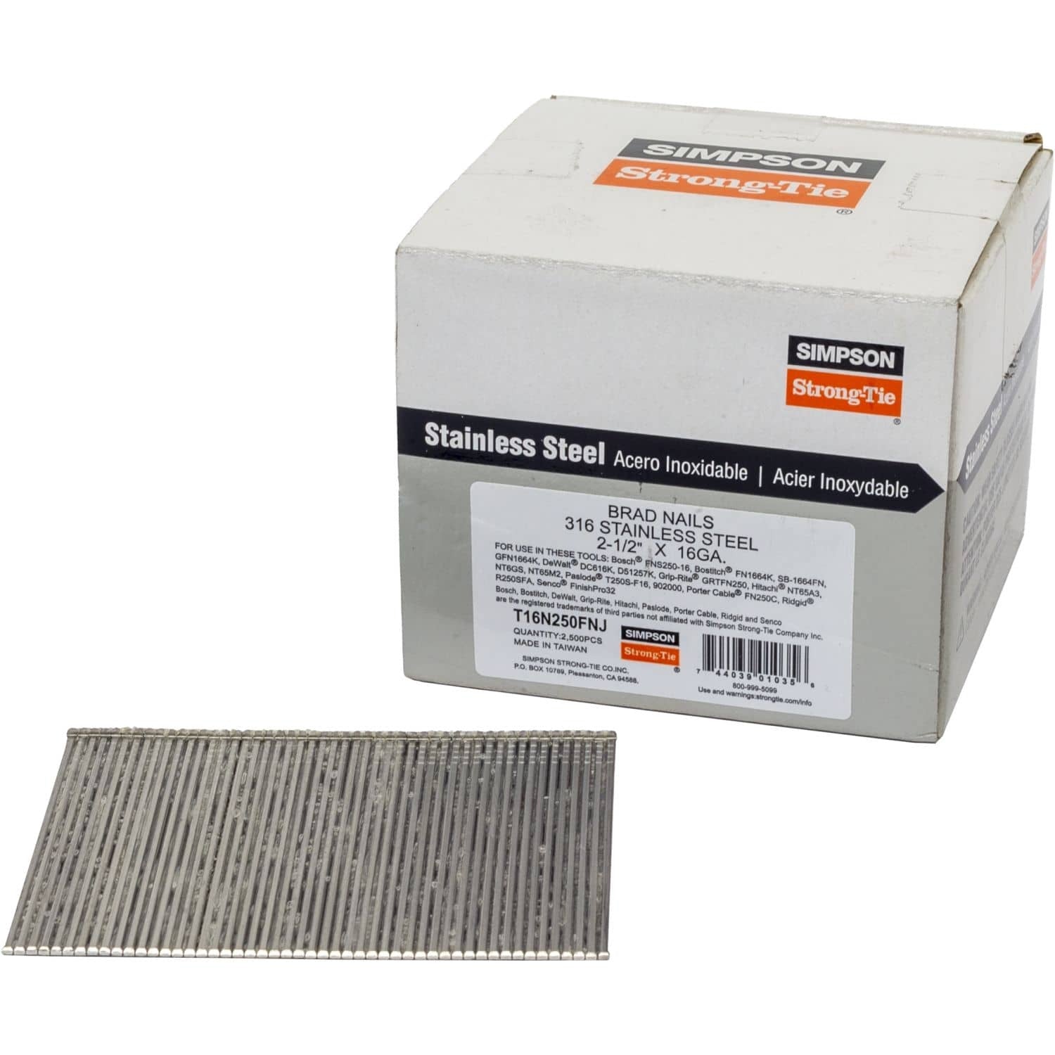 Simpson Strong-Tie T16N250FNJ Straight, Adhesive Collation, T-Style Head, 16-Gauge Finishing Nail, 2-1/2-in. Type 316, 2500-Pack