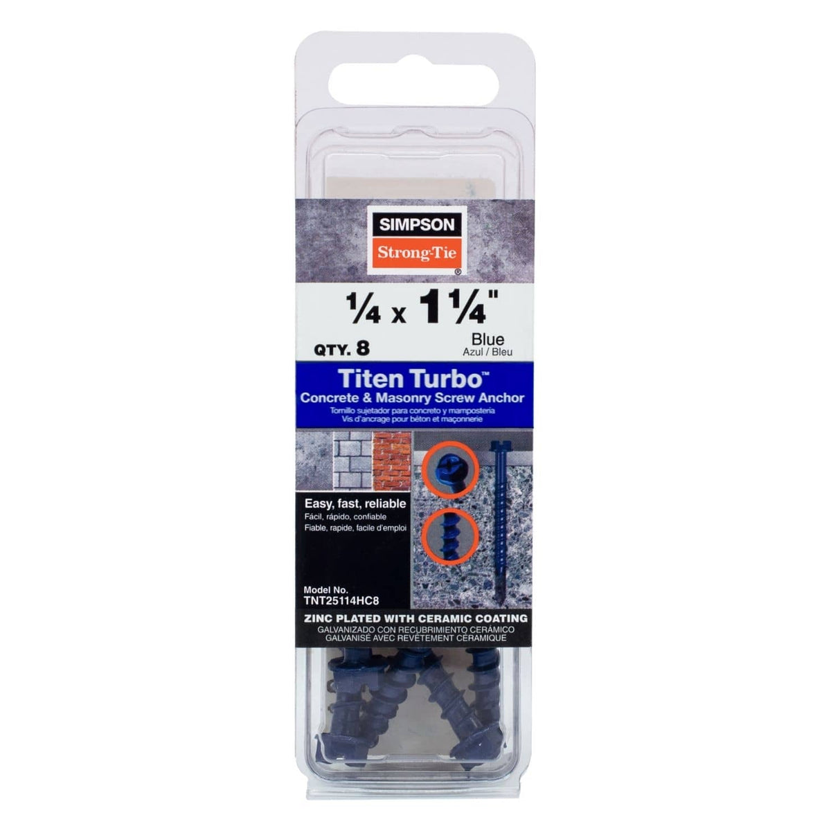 Simpson Strong-Tie TNT25114HC8 Titen Turbo, 1/4-in. x 1-1/4-in. Hex-Head Concrete and Masonry Screw, Blue, 8-Pack