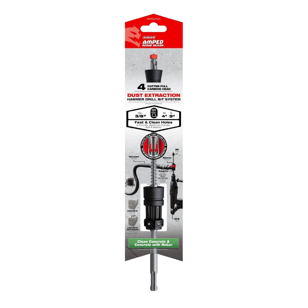 Diablo DMAPLA4420 3/8-in. x 4-in. x 9-in. AMPED Rebar Demon SDS-Plus 4-Cutter Full Carbide Head Dust Extraction Hammer Drill Bit